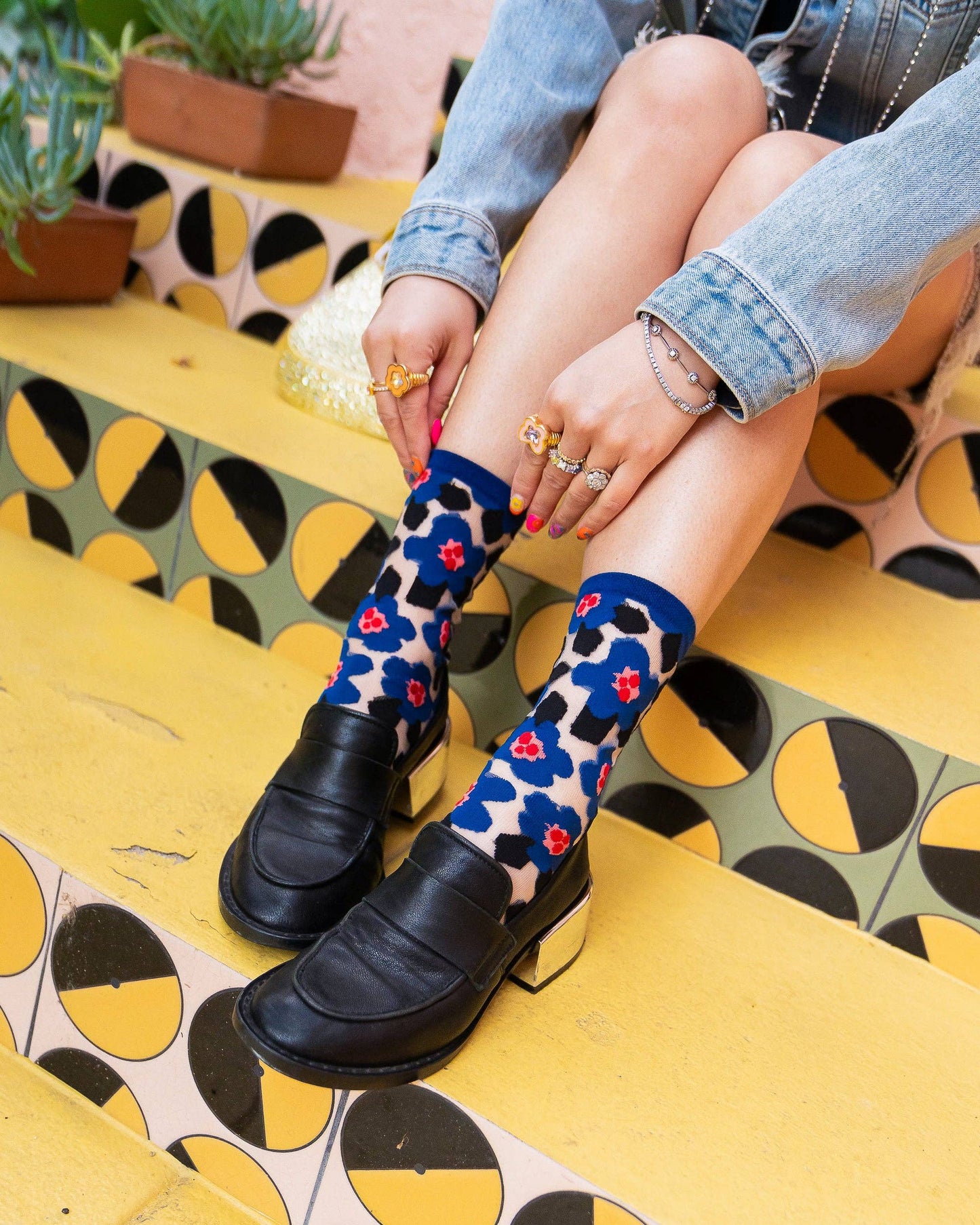 Sock Candy Bold Blue Floral Sheer Crew Sock