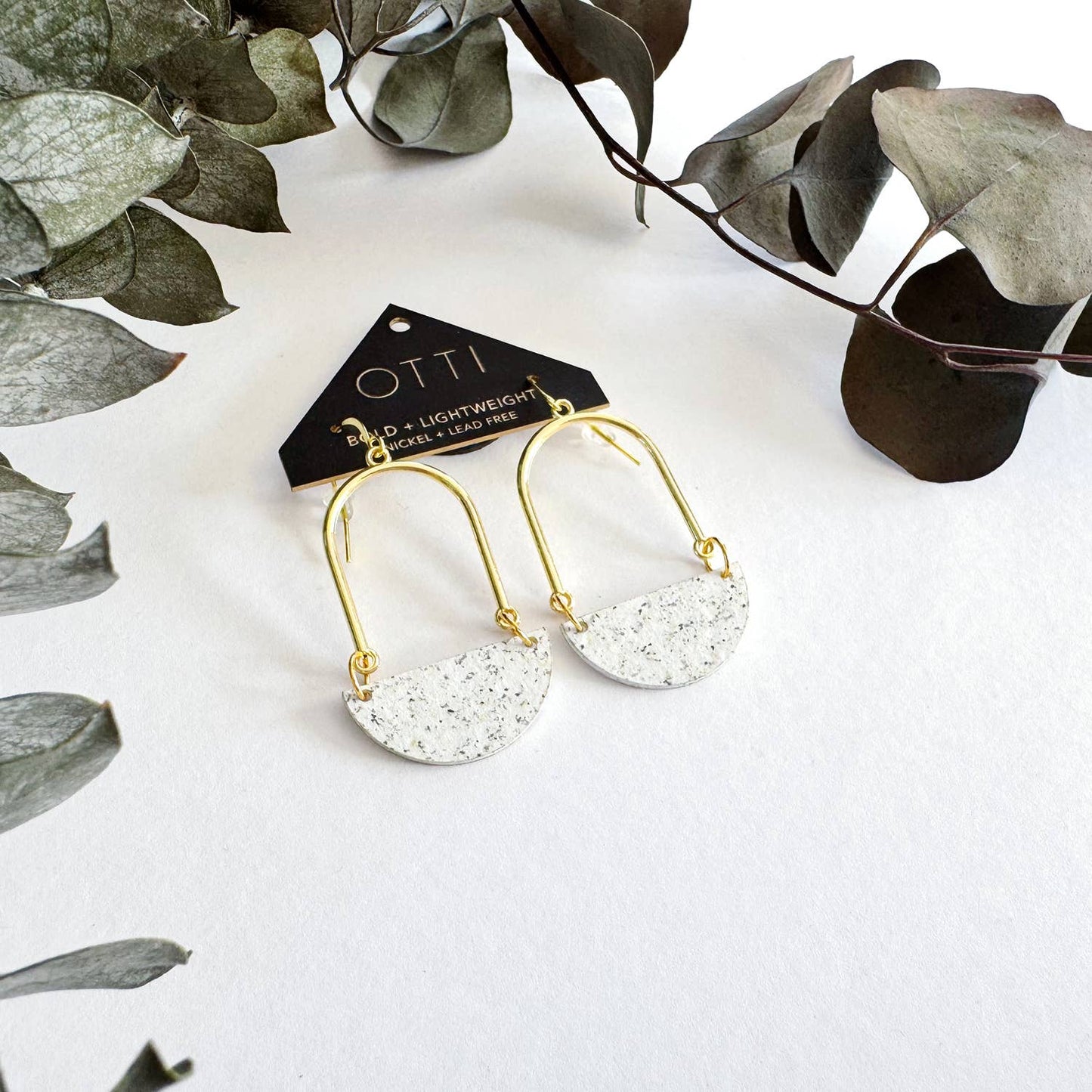 OTTI - Modern Architectural Half Moon Earrings: White Granite