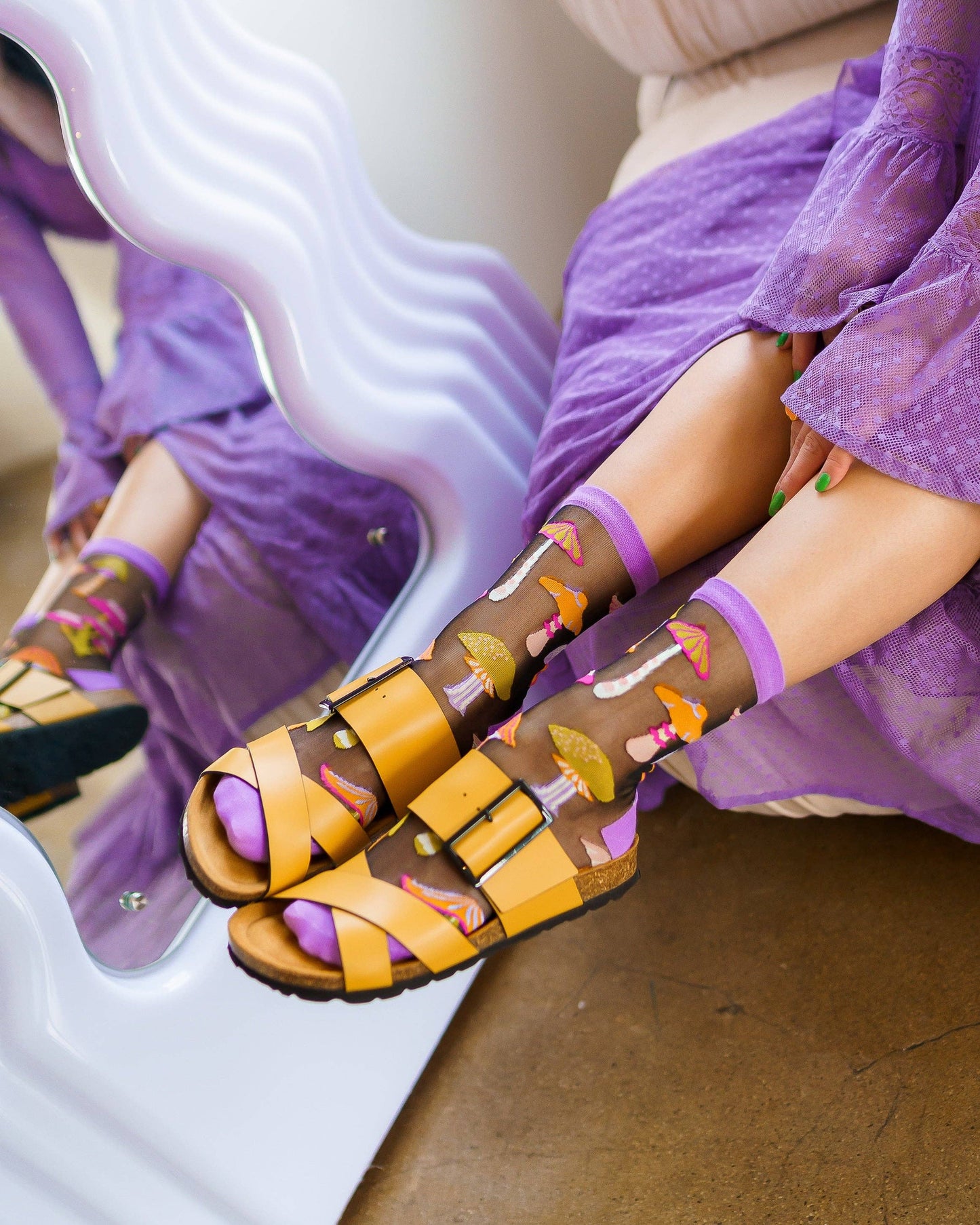 Sock Candy Magic Mushrooms Black Sheer Crew Sock