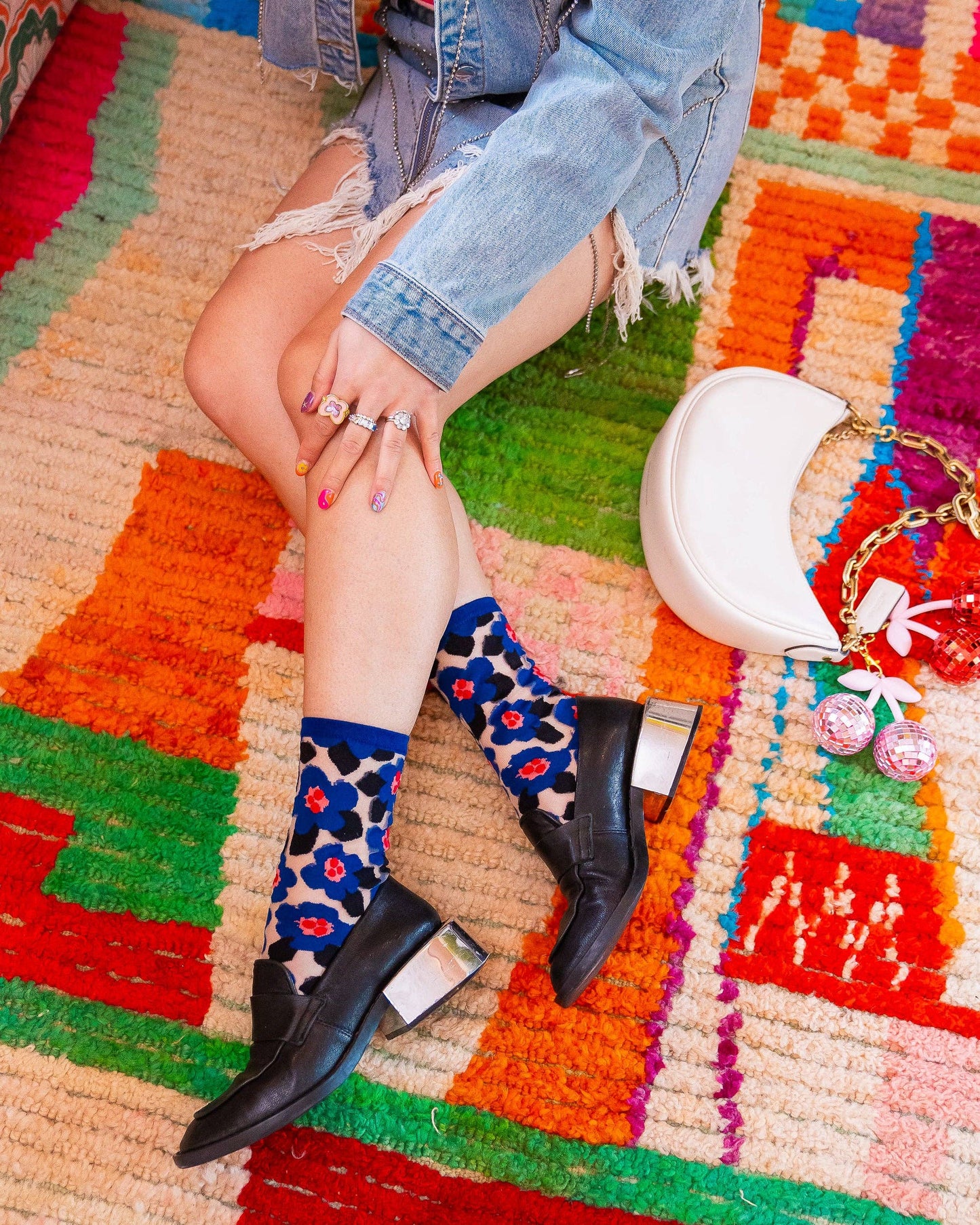 Sock Candy Bold Blue Floral Sheer Crew Sock