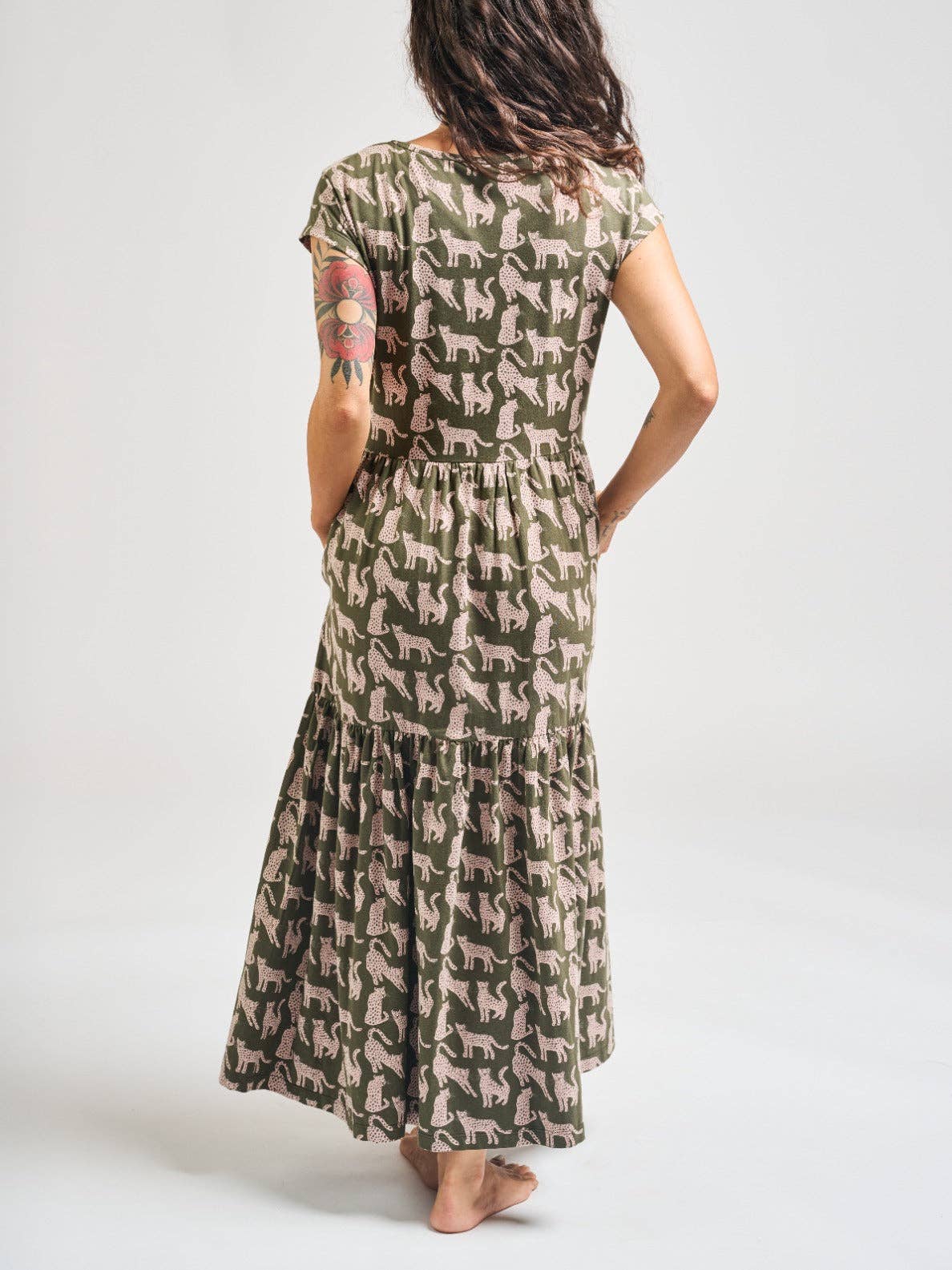 Tiered Jersey Dress Leopard Green