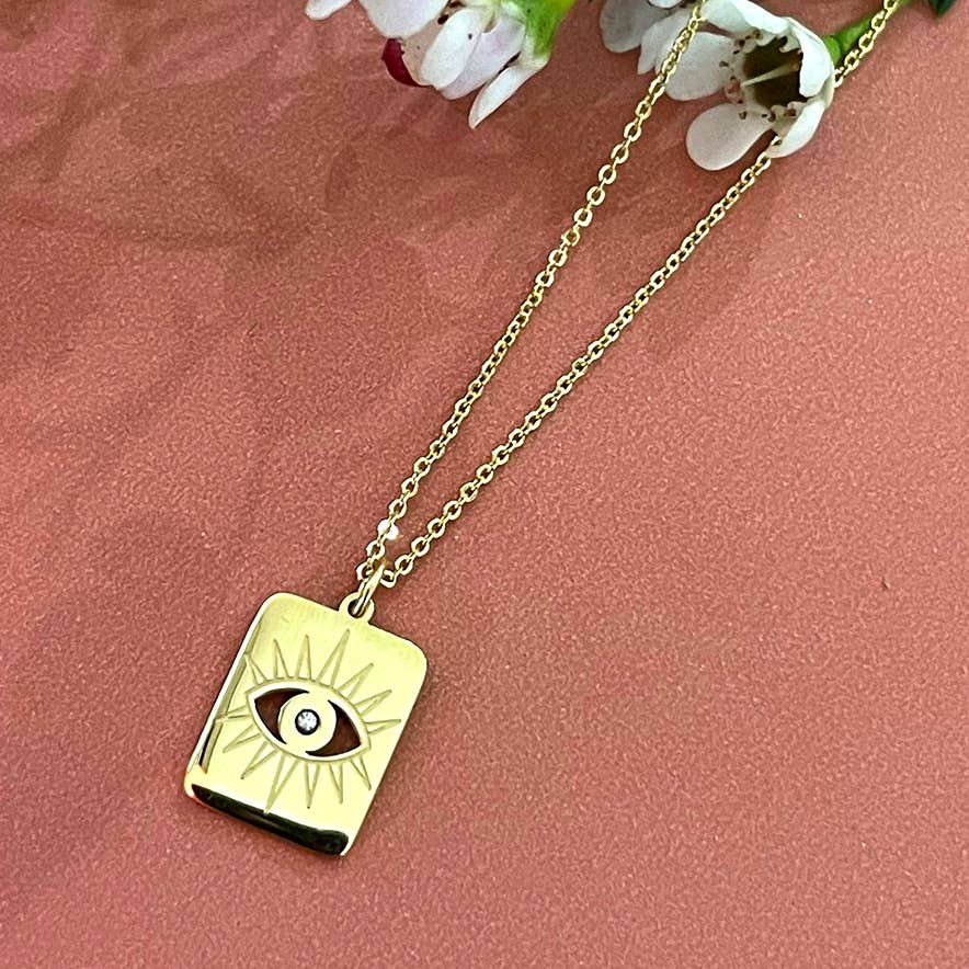 Sunday Girl | Engraved Eye with CZ Tag pendant necklace