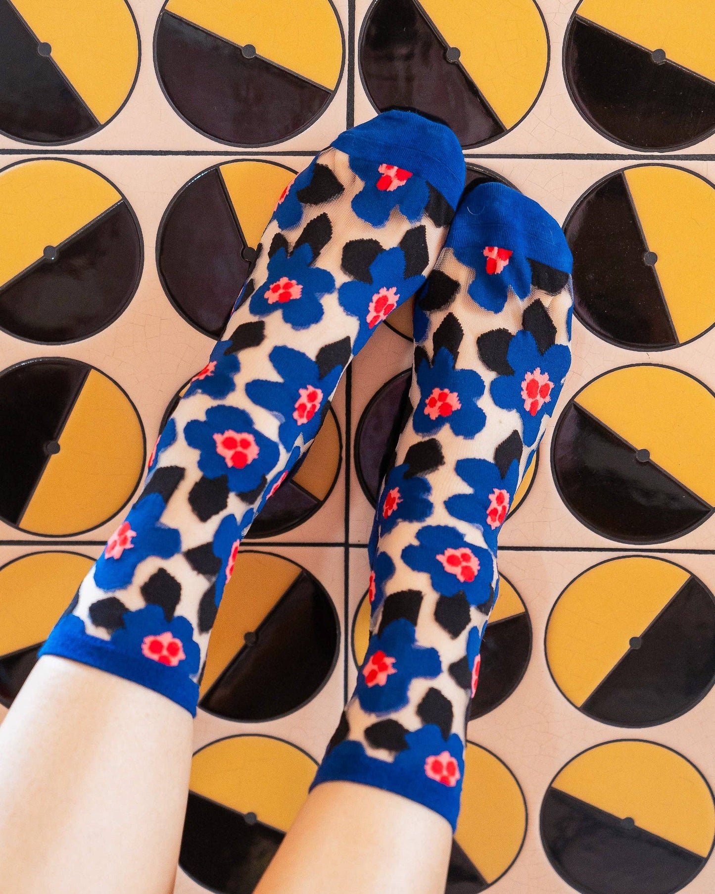 Sock Candy Bold Blue Floral Sheer Crew Sock