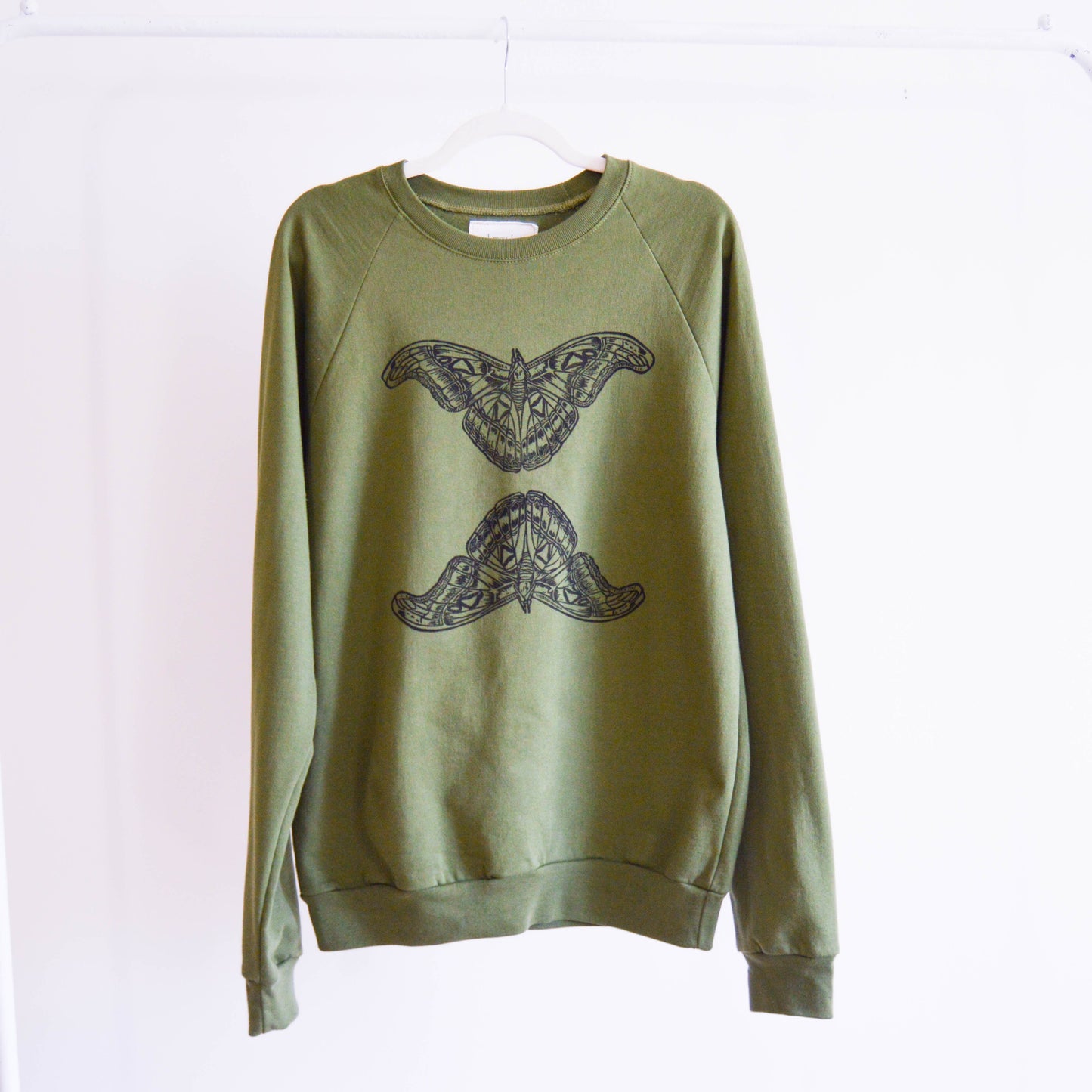 May and Mary Olive Moth Block Printed Organic Cotton Sweatshirt