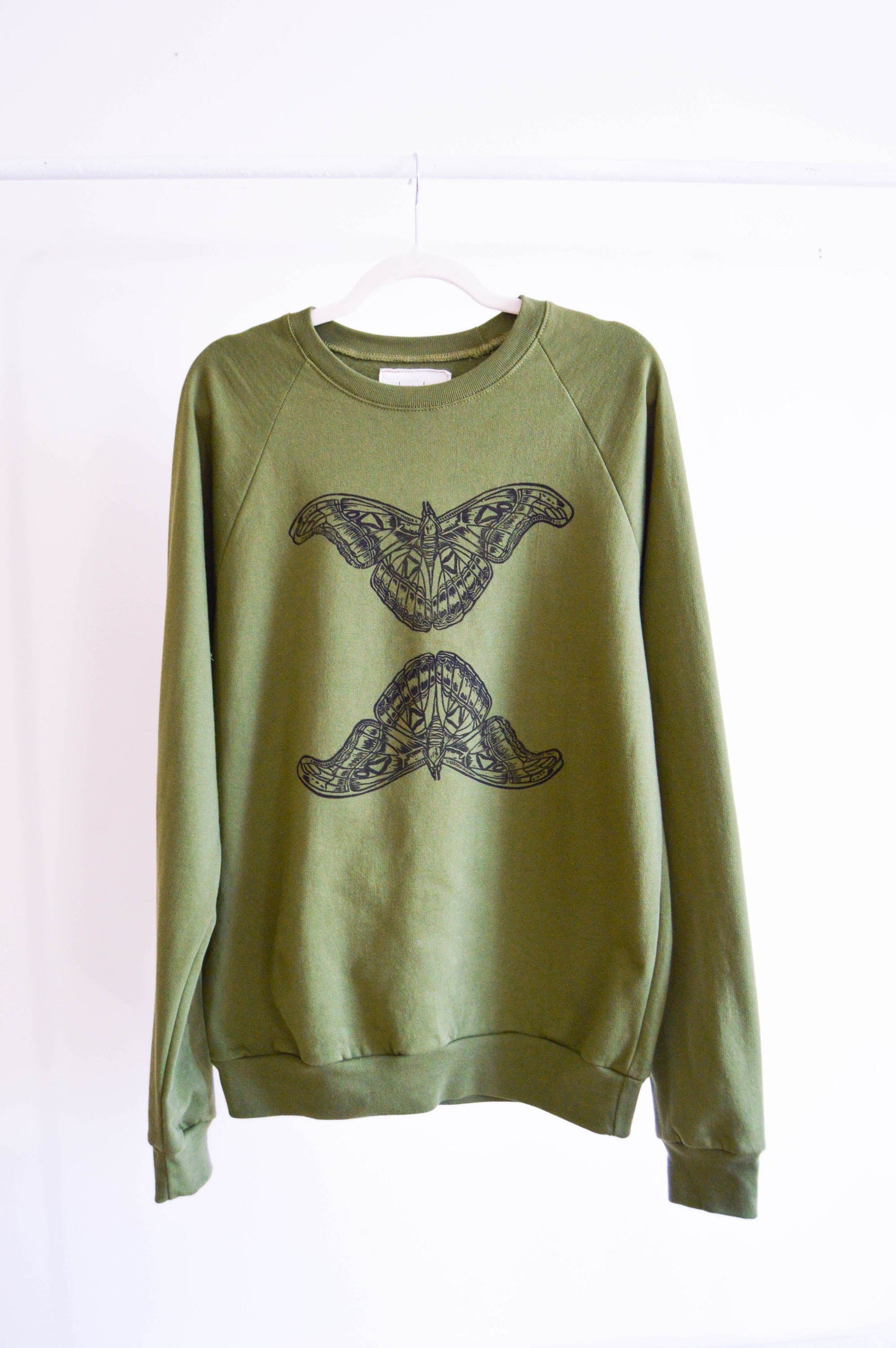 May and Mary Olive Moth Block Printed Organic Cotton Sweatshirt