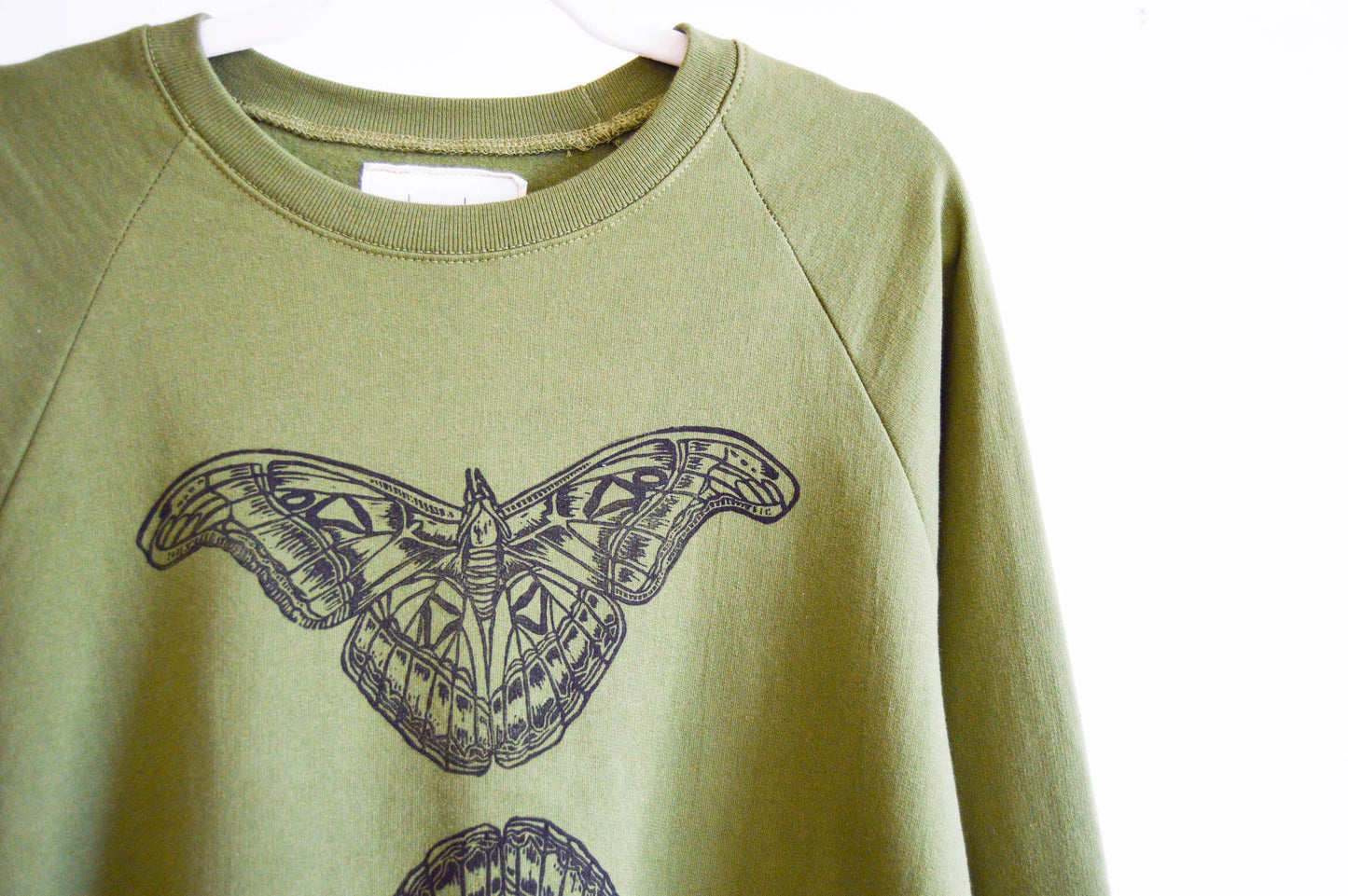 May and Mary Olive Moth Block Printed Organic Cotton Sweatshirt