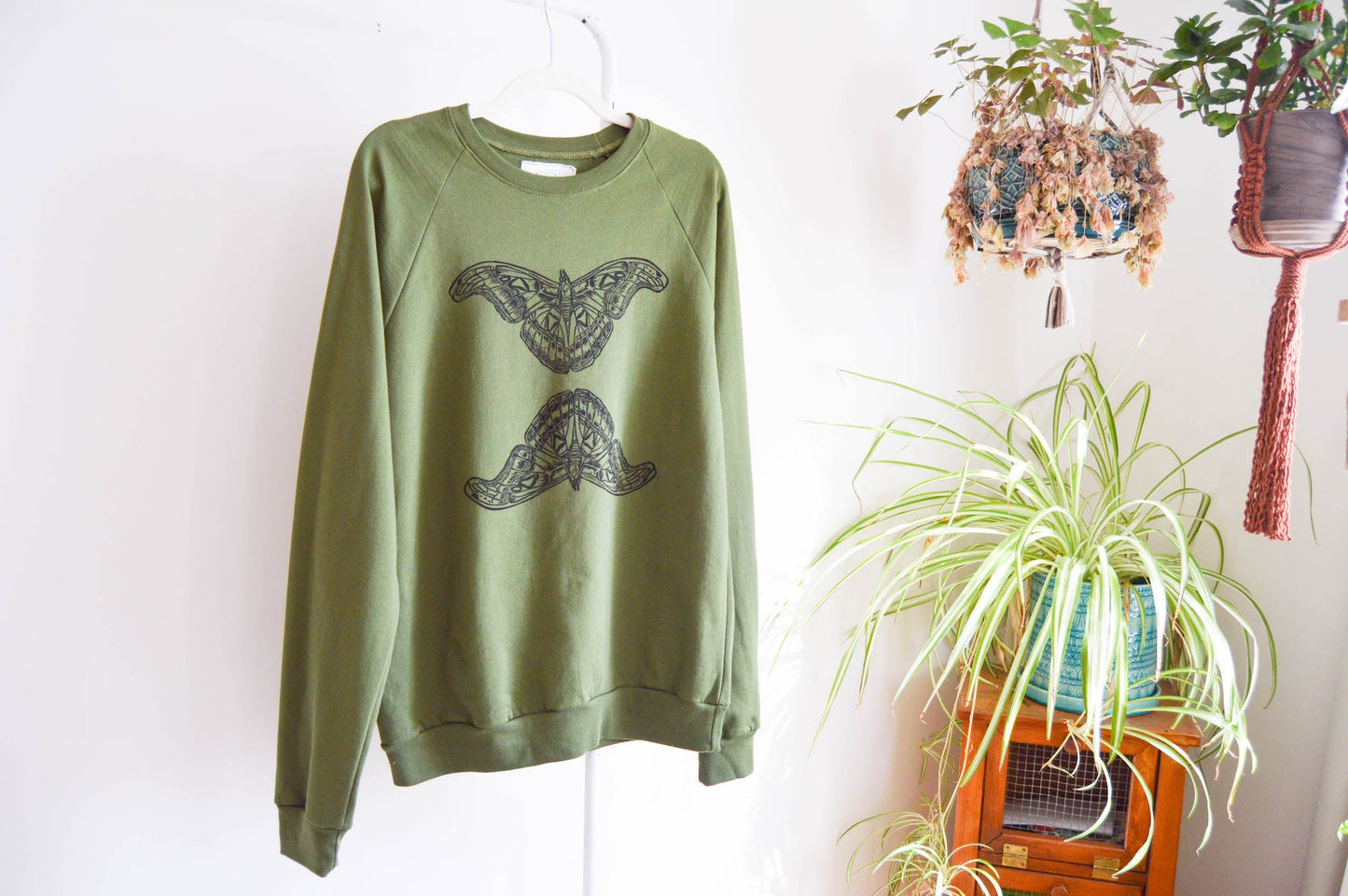May and Mary Olive Moth Block Printed Organic Cotton Sweatshirt