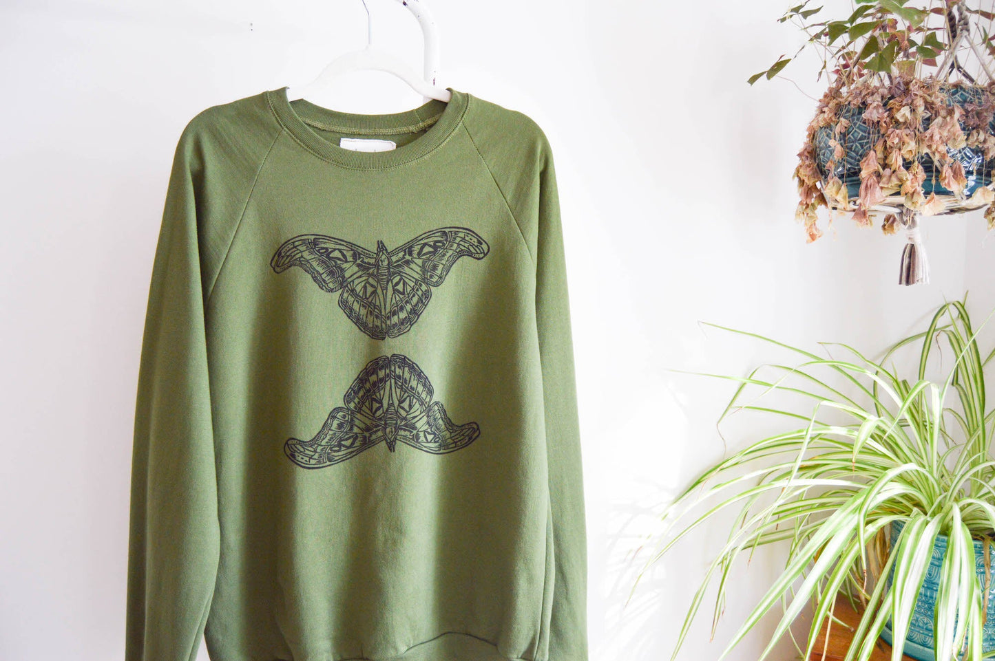 May and Mary Olive Moth Block Printed Organic Cotton Sweatshirt