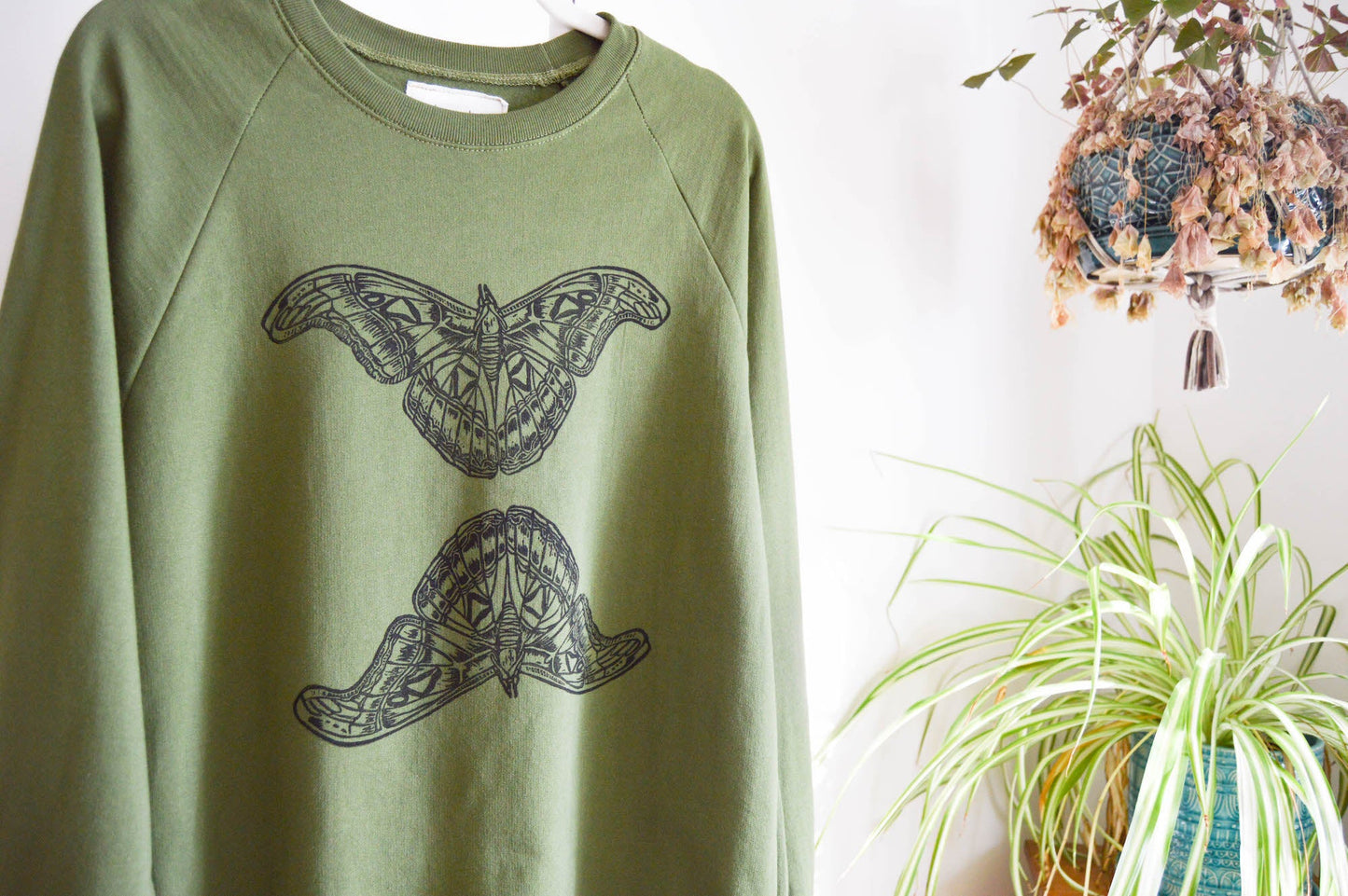 May and Mary Olive Moth Block Printed Organic Cotton Sweatshirt
