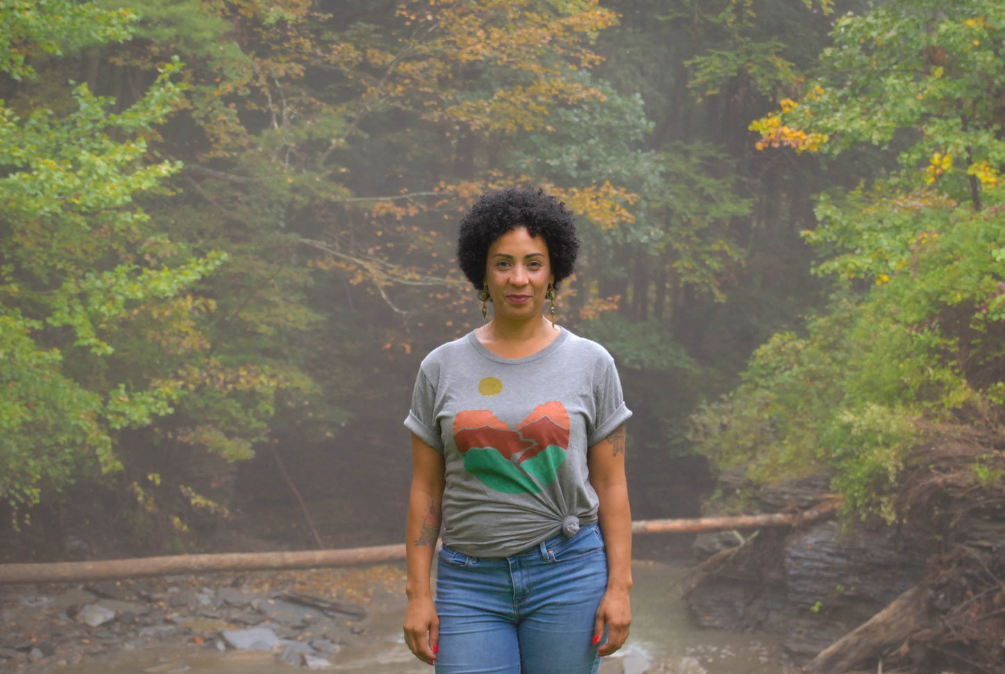 May and Mary Landscape Block Print Bamboo Gender Neutral T-Shirt - Gray
