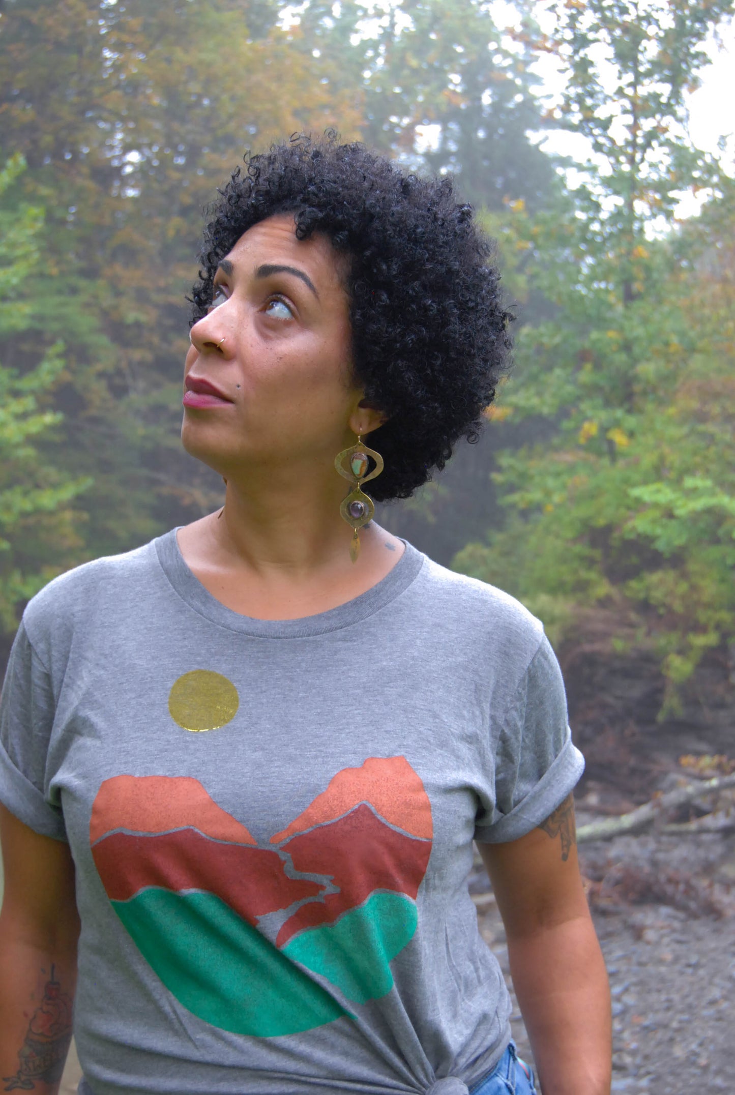 May and Mary Landscape Block Print Bamboo Gender Neutral T-Shirt - Gray