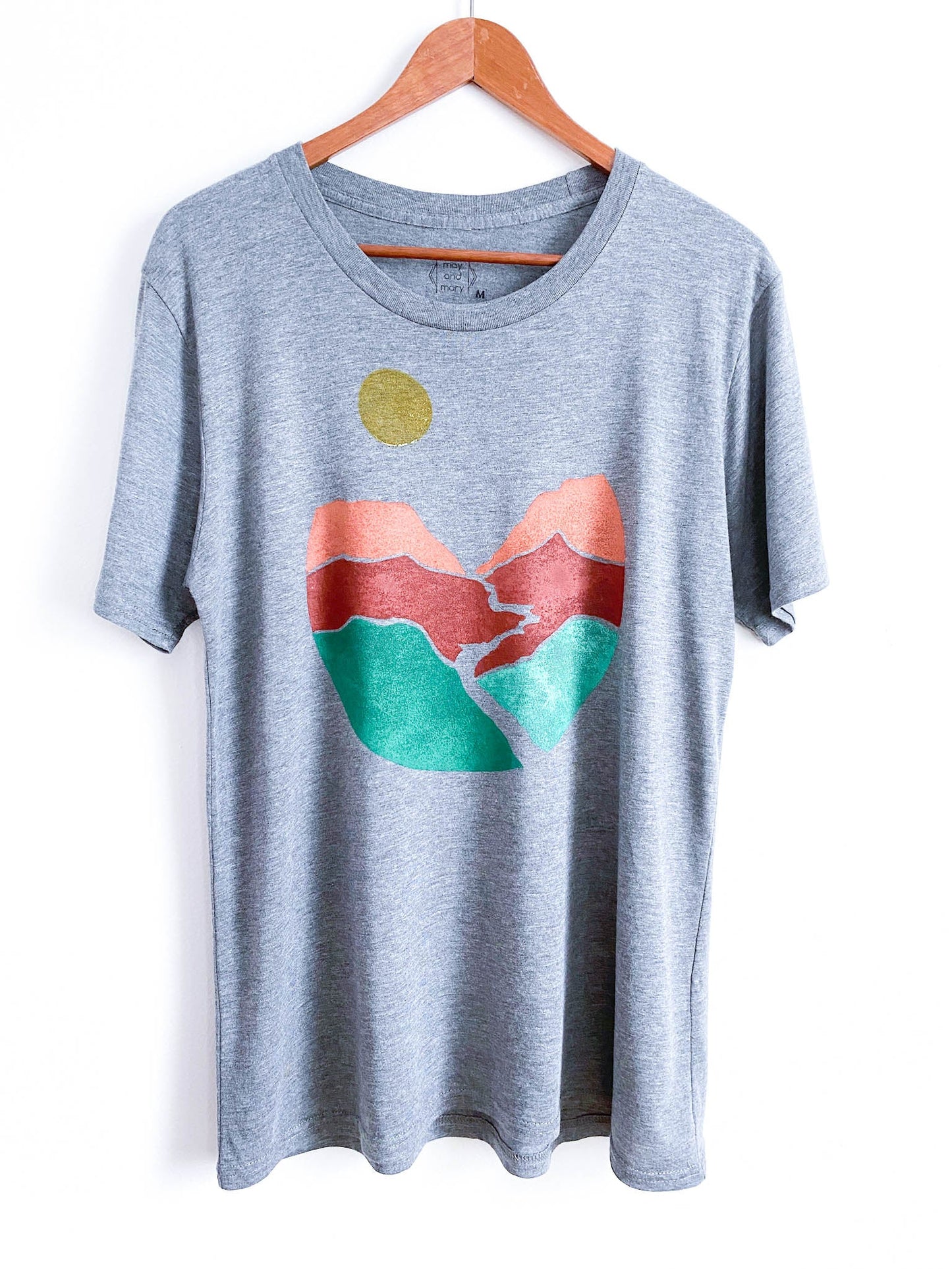 May and Mary Landscape Block Print Bamboo Gender Neutral T-Shirt - Gray