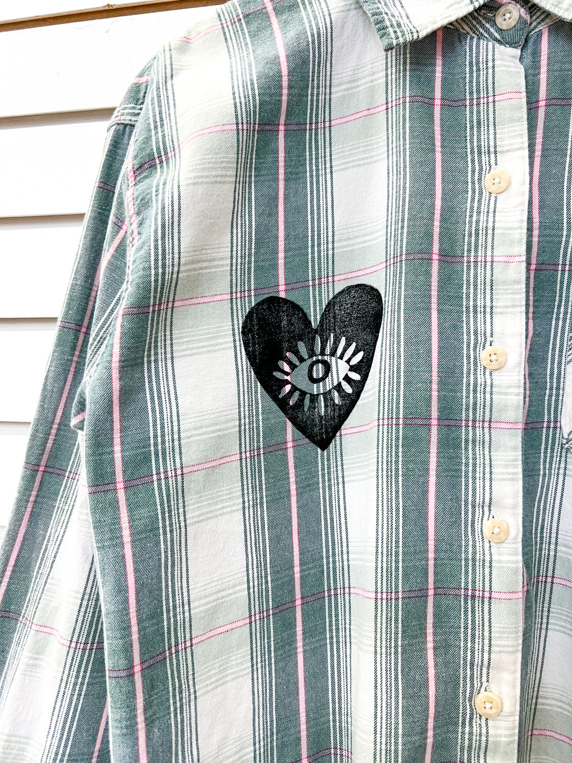FG Rework - block printed button down | green and pink plaid