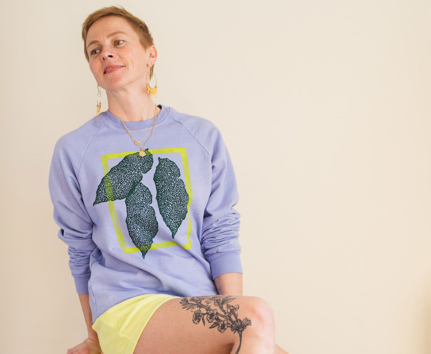 May and Mary Hand Dyed and Block Printed Crewneck - Begonia Leaf
