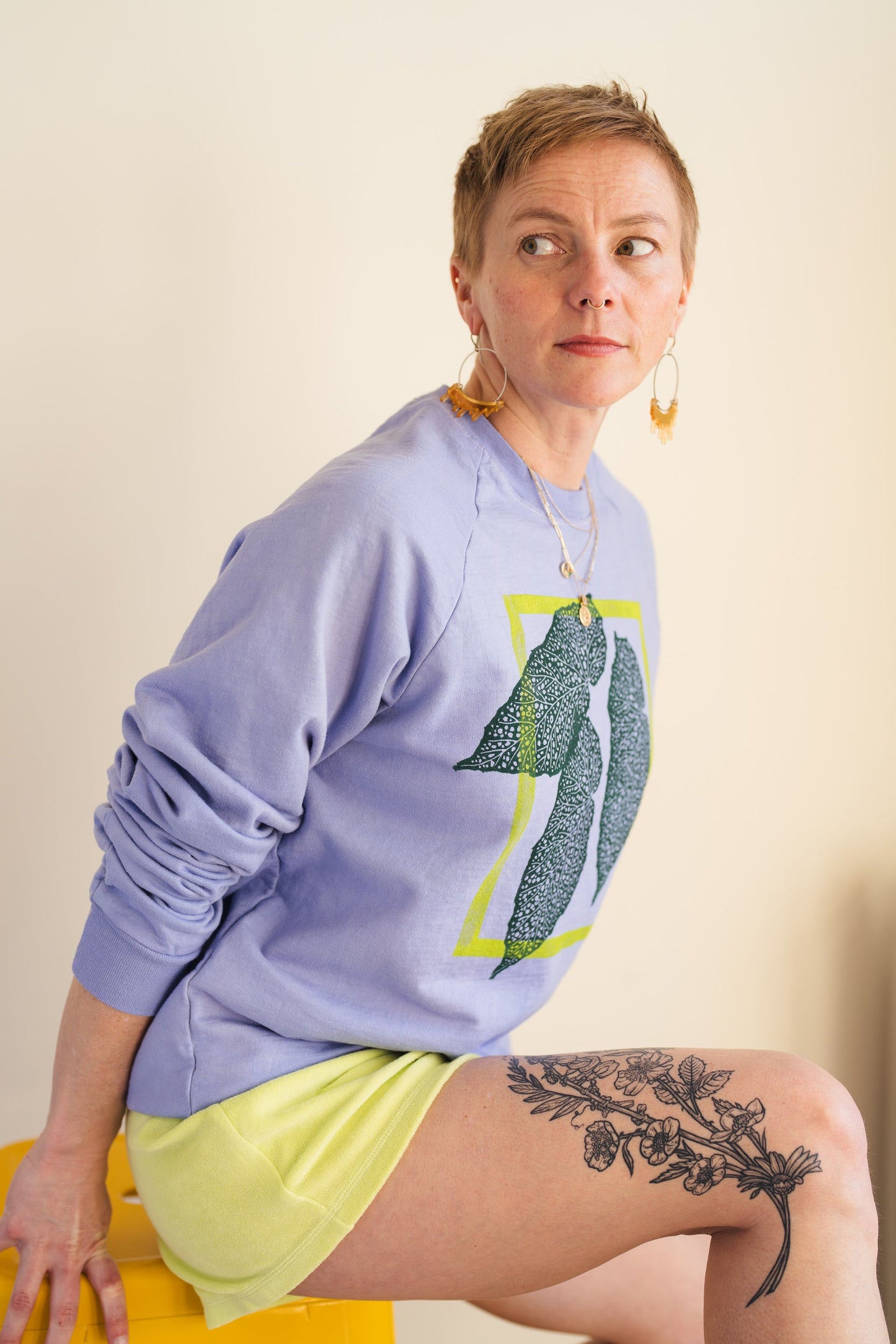 May and Mary Hand Dyed and Block Printed Crewneck - Begonia Leaf
