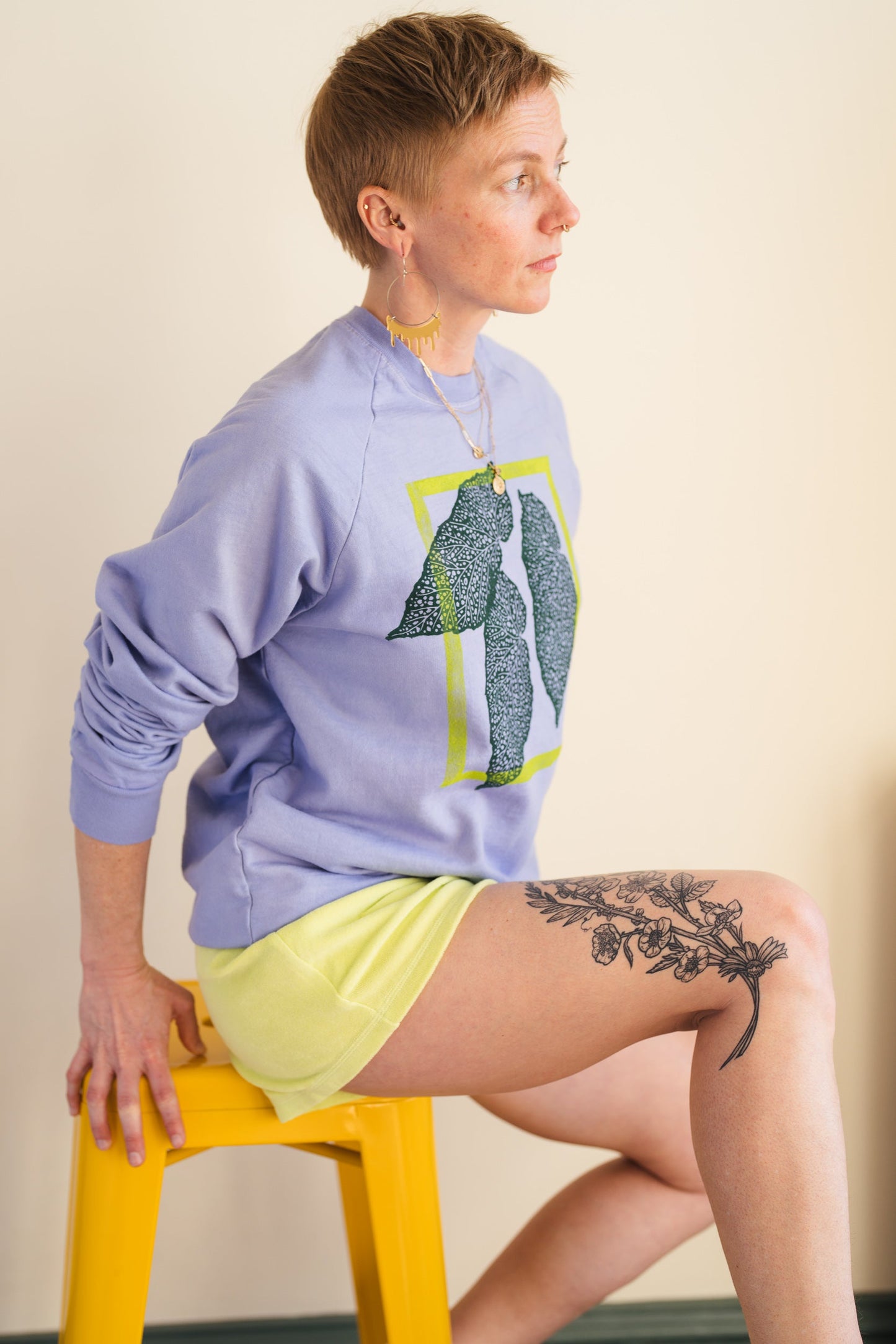 May and Mary Hand Dyed and Block Printed Crewneck - Begonia Leaf