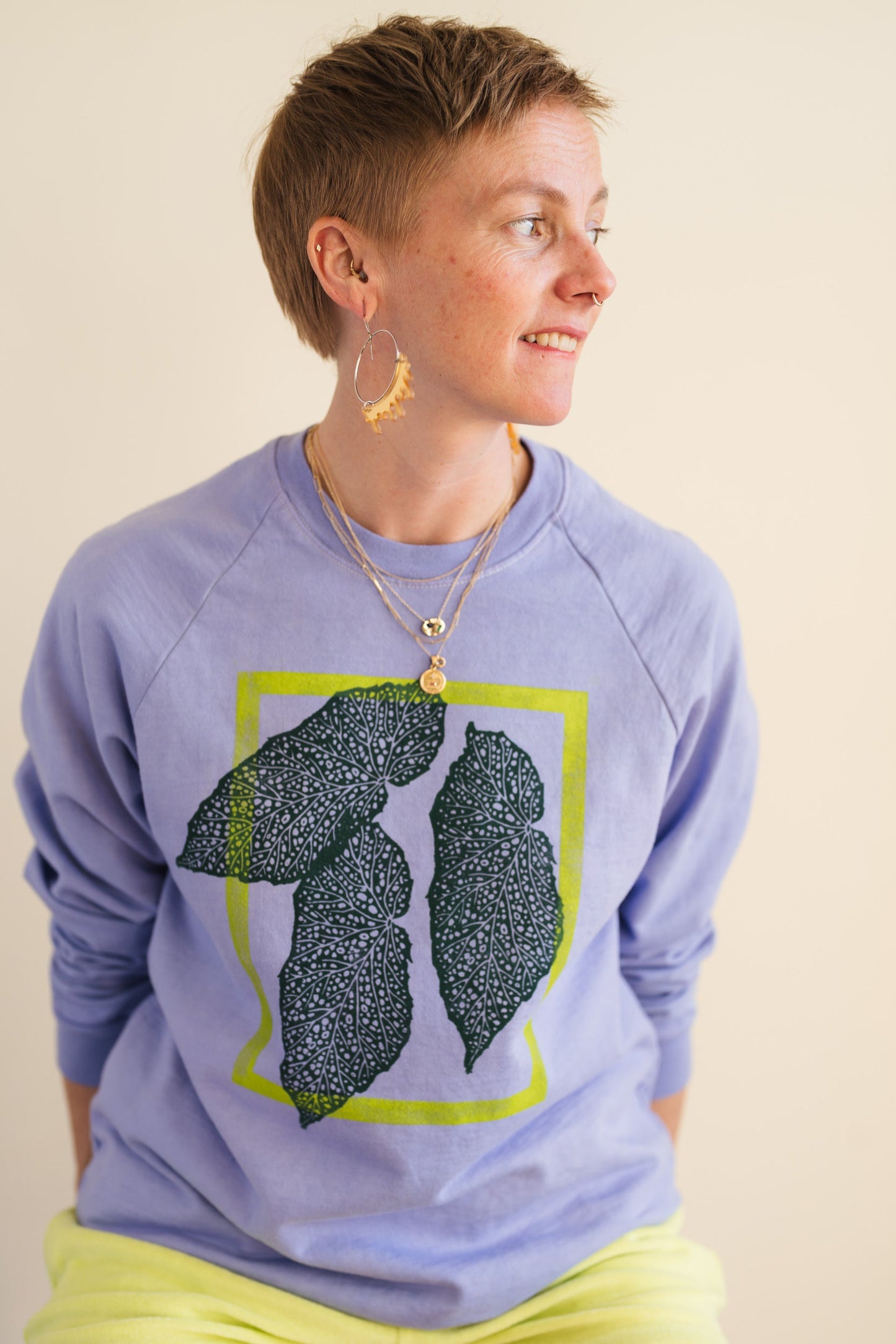 May and Mary Hand Dyed and Block Printed Crewneck - Begonia Leaf