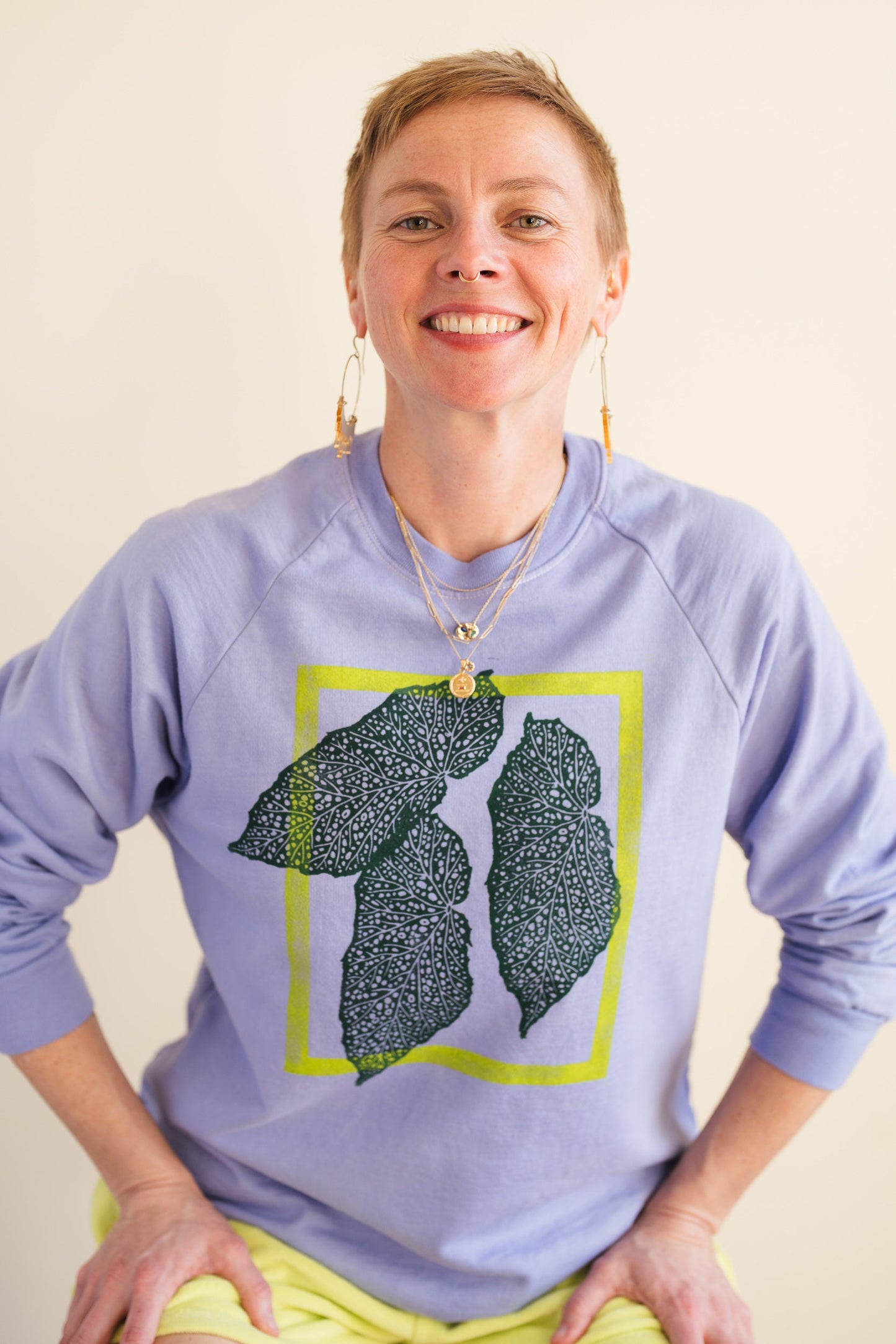 May and Mary Hand Dyed and Block Printed Crewneck - Begonia Leaf