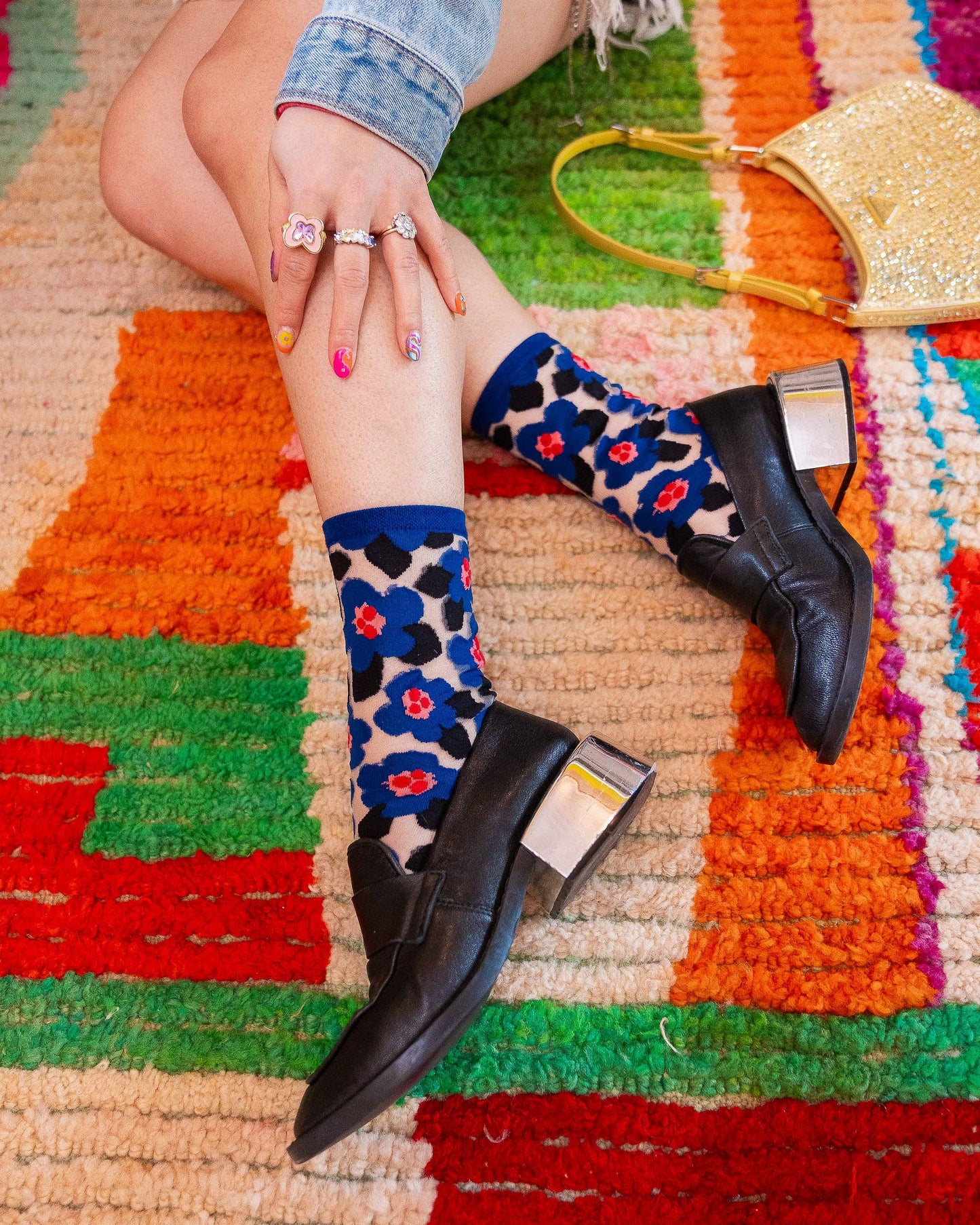 Sock Candy Bold Blue Floral Sheer Crew Sock