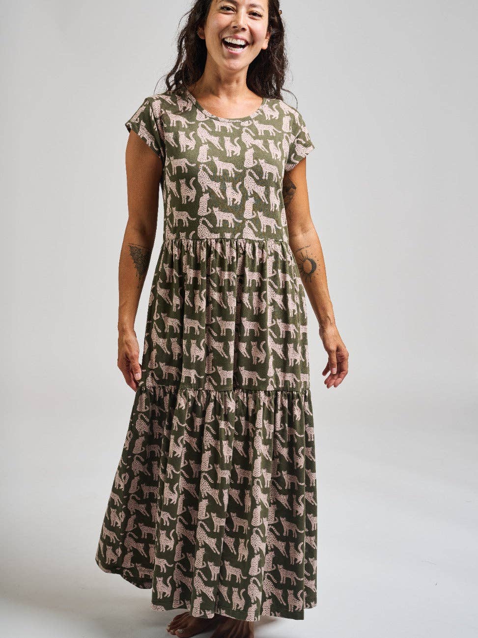 Tiered Jersey Dress Leopard Green