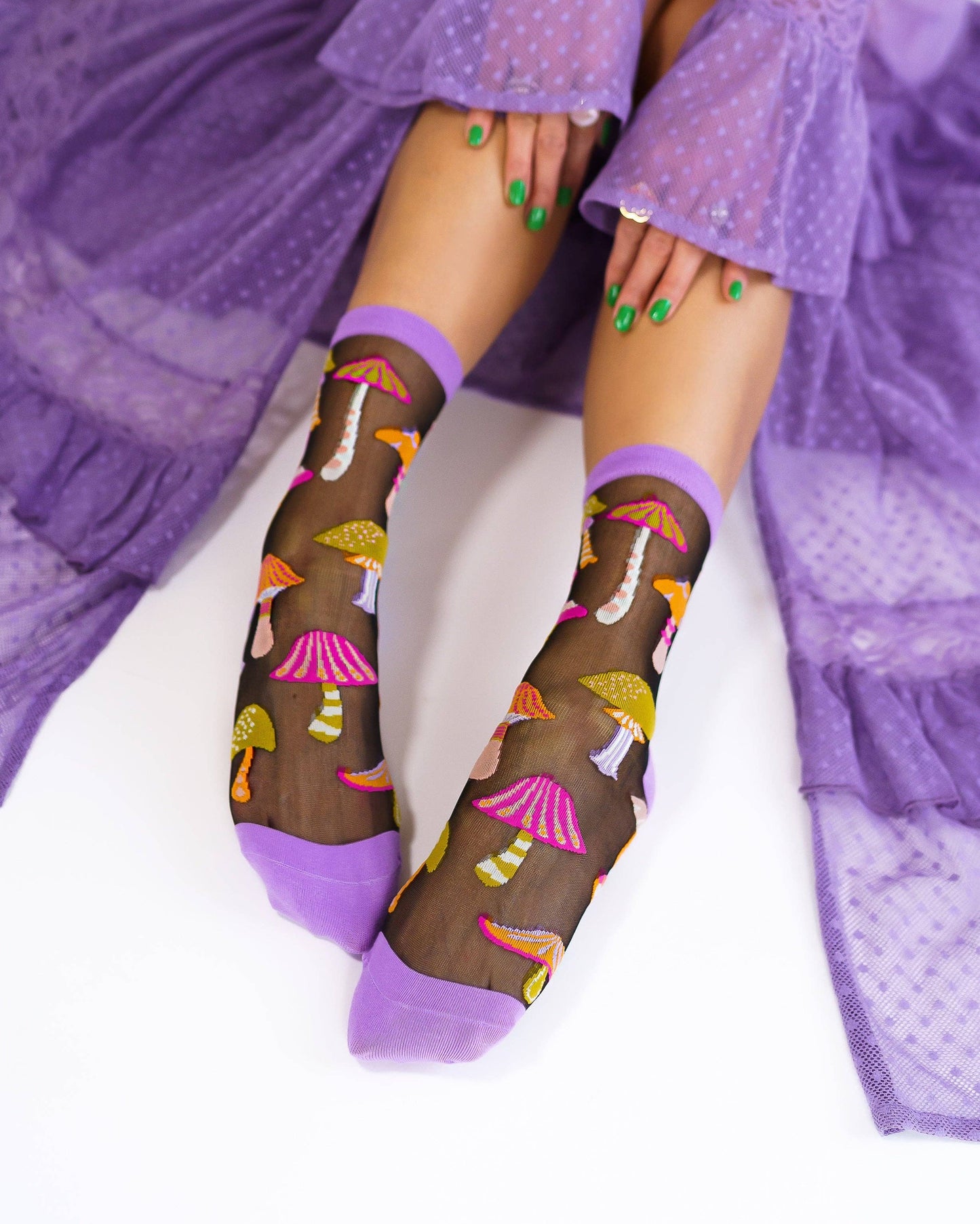 Sock Candy Magic Mushrooms Black Sheer Crew Sock