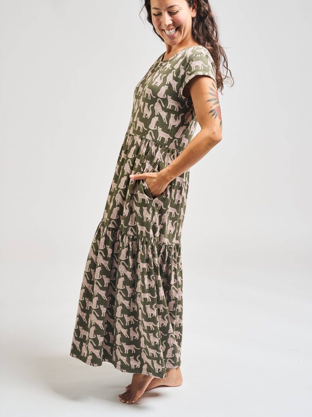 Tiered Jersey Dress Leopard Green