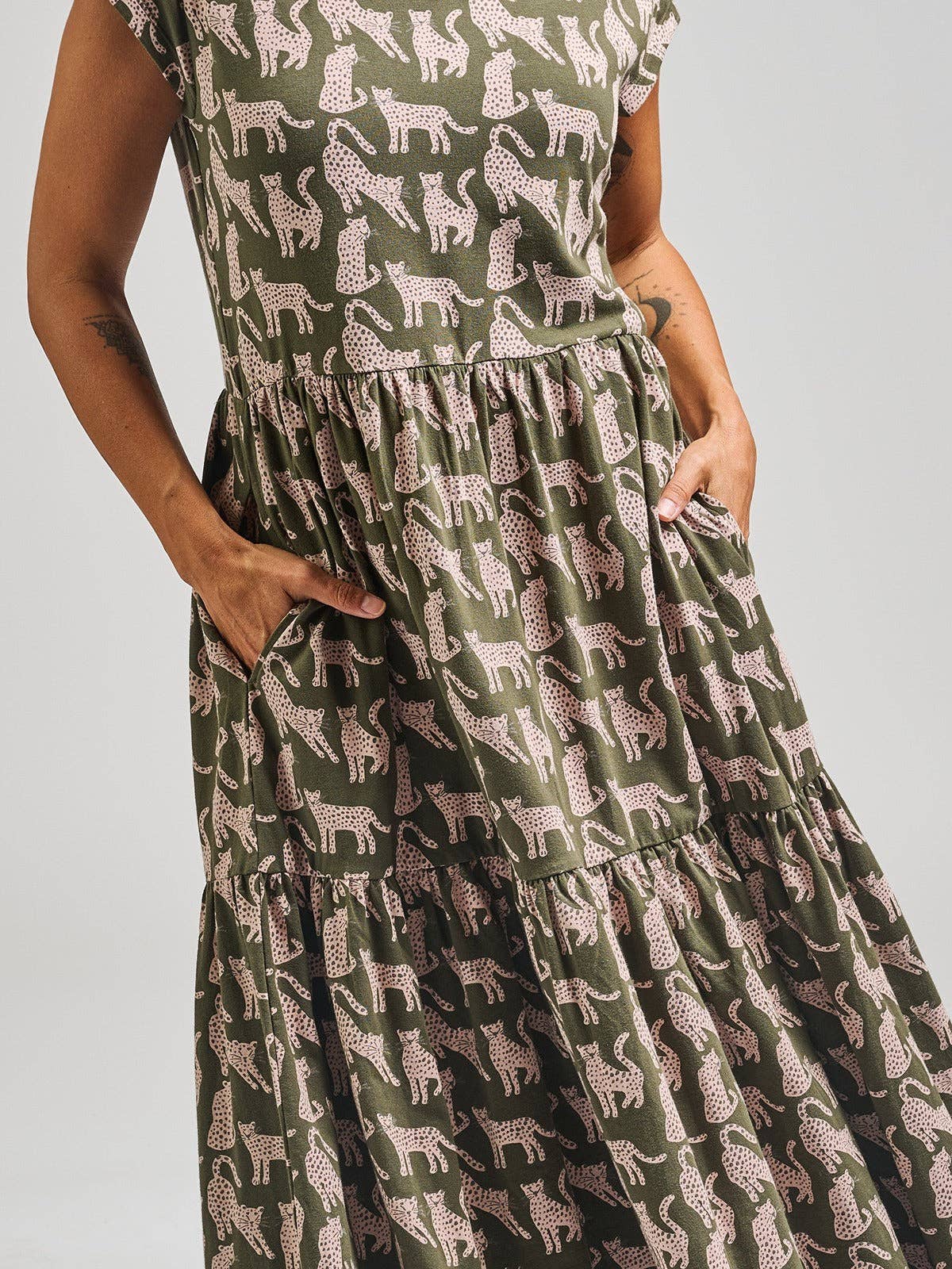 Tiered Jersey Dress Leopard Green