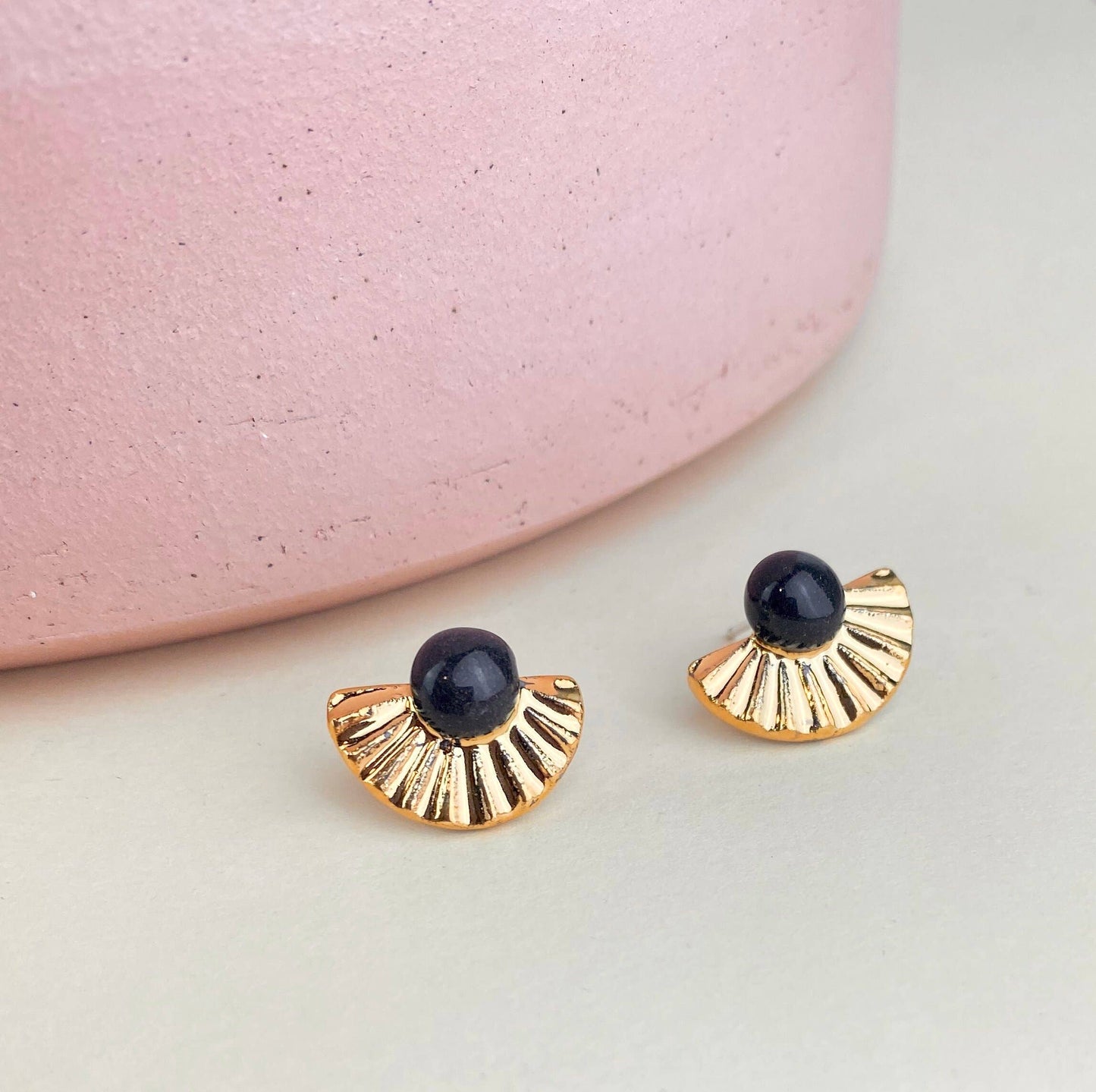 Barrow PDX Gold Fan Studs - Black Porcelain with Gold Overlay
