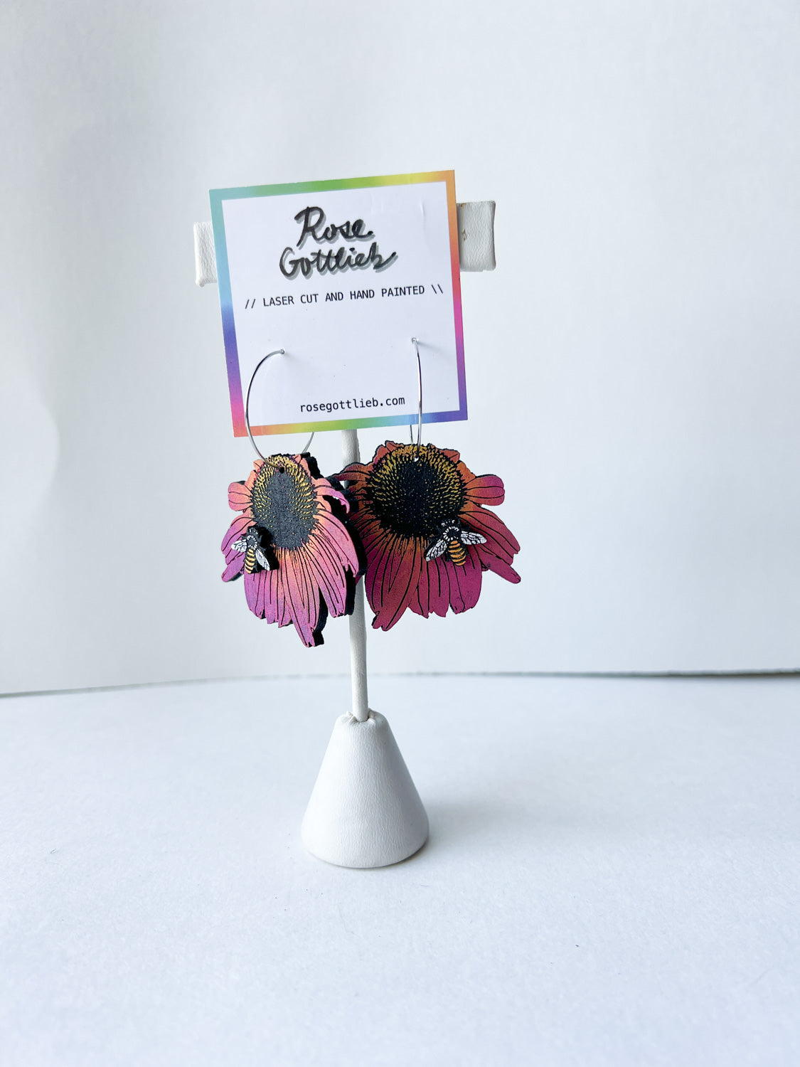 Rose Gottlieb Earrings - Pink sunflower with bee hoops, large