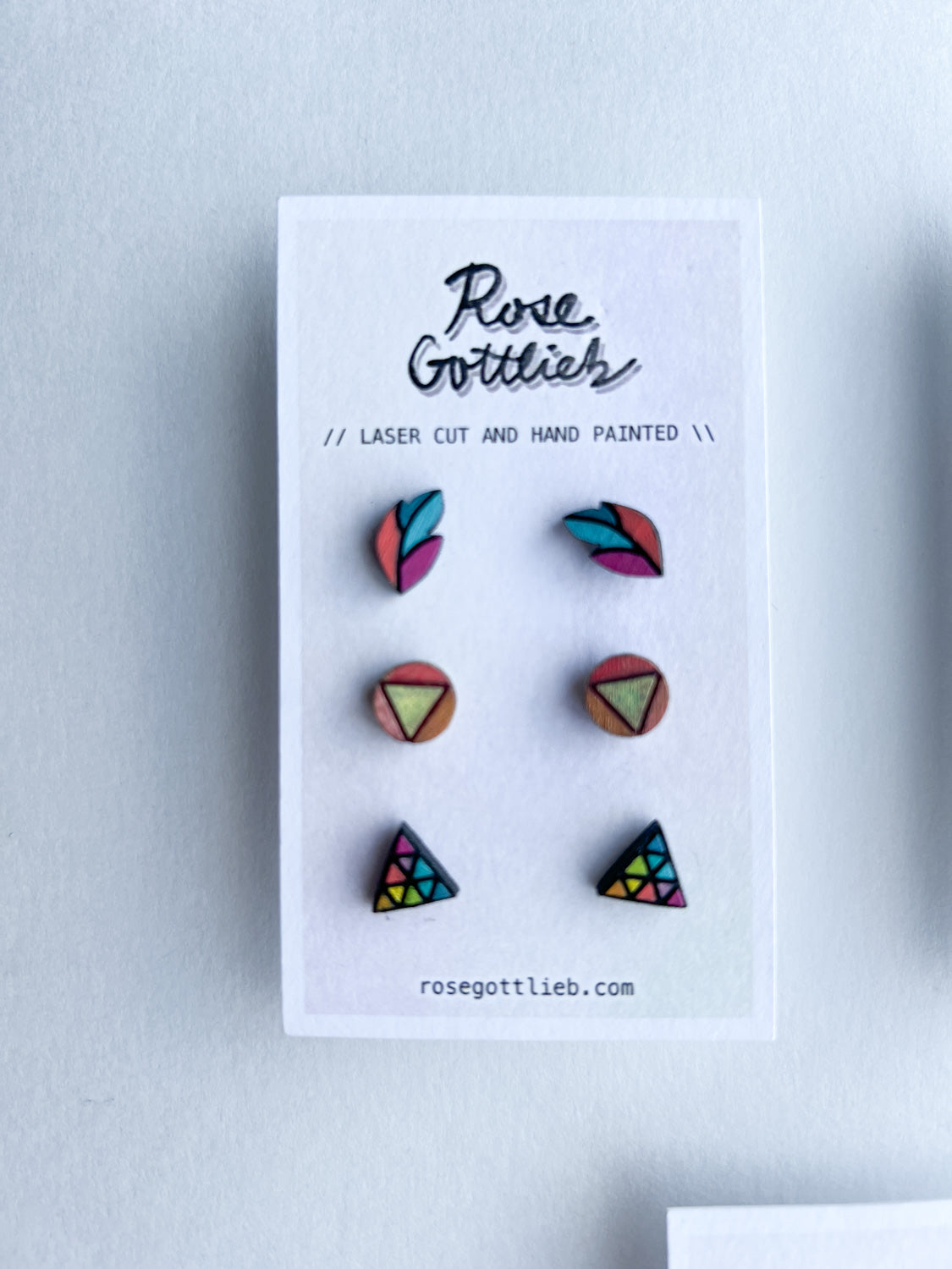 Rose Gottlieb Earrings - stud set - feather, circle, triangle