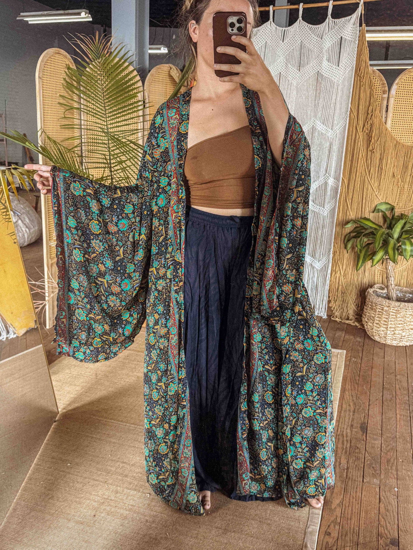 Gardenbelle - Silk Bell Sleeve Long Maxi Kimono Duster Cardigan