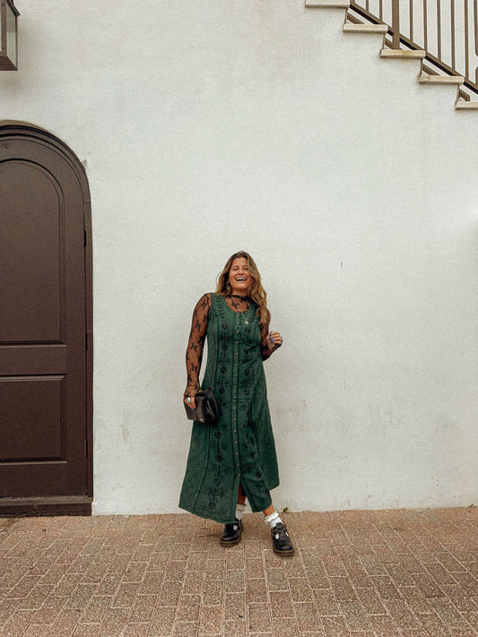 Gardenbelle - Bohemian Cottage Core Embroidered Button Down Dress