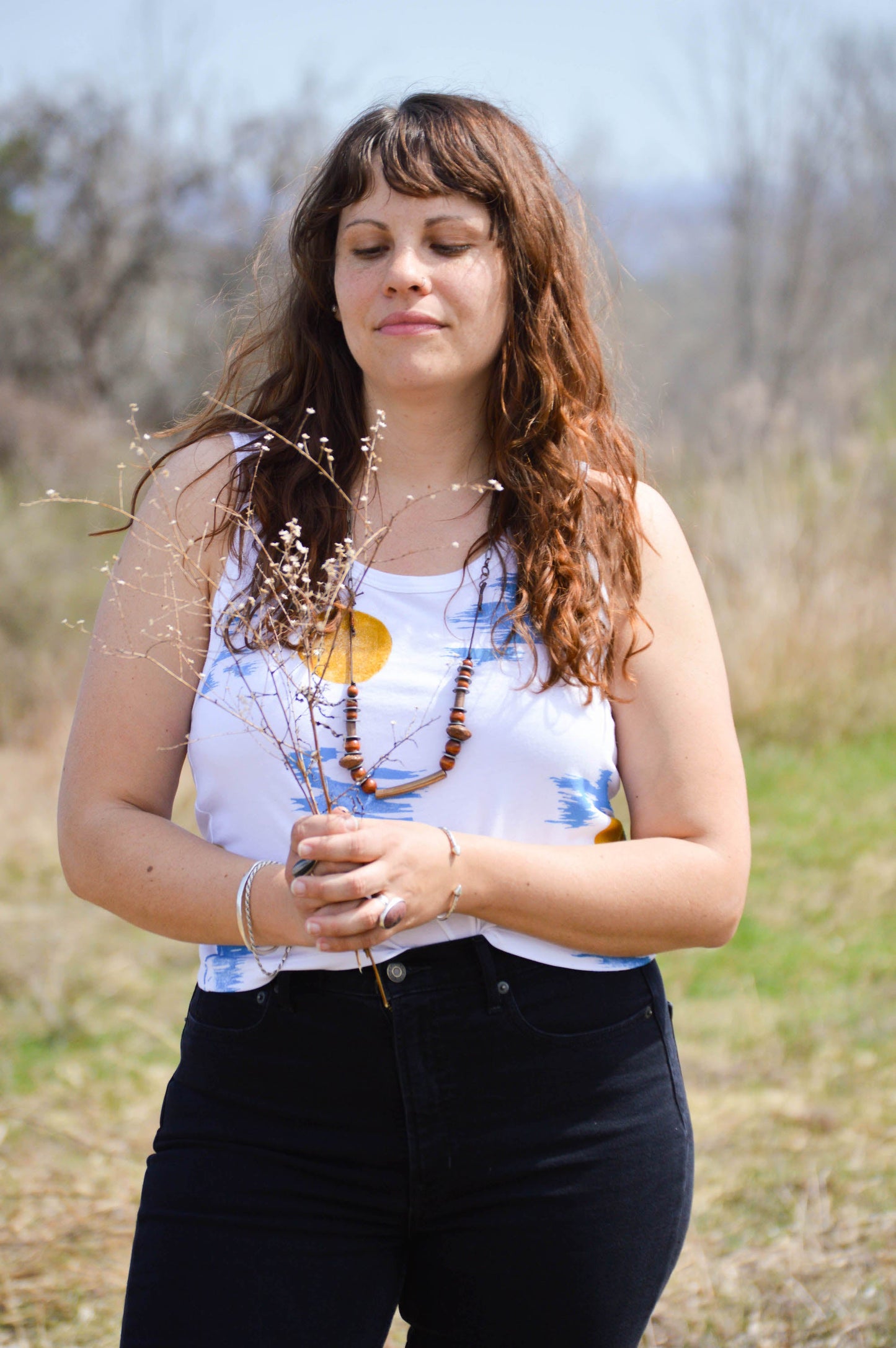 May and Mary Block Printed Bamboo Crop Tank - New Birch