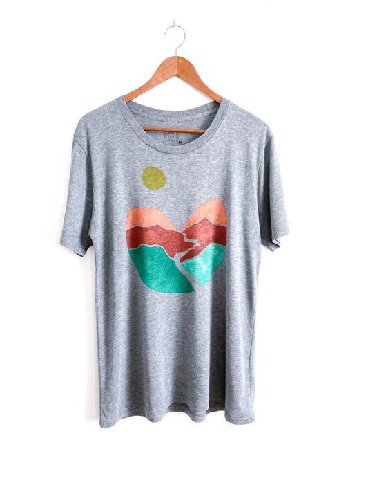 May and Mary Landscape Block Print Bamboo Gender Neutral T-Shirt - Gray