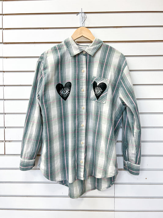 FG Rework - block printed button down | green and pink plaid
