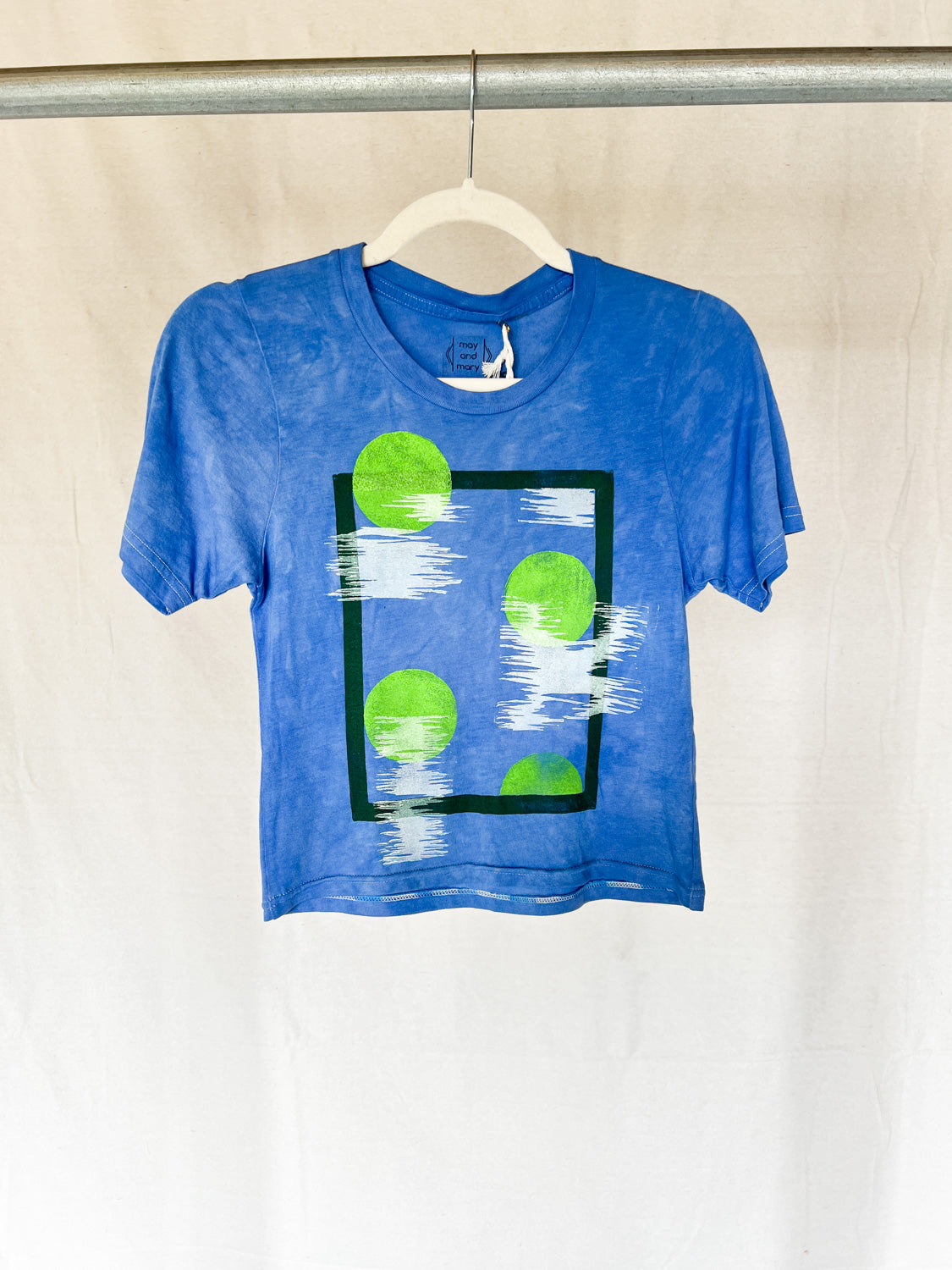 Hand Dyed and Block Printed Blue Birch Bamboo Crop Top