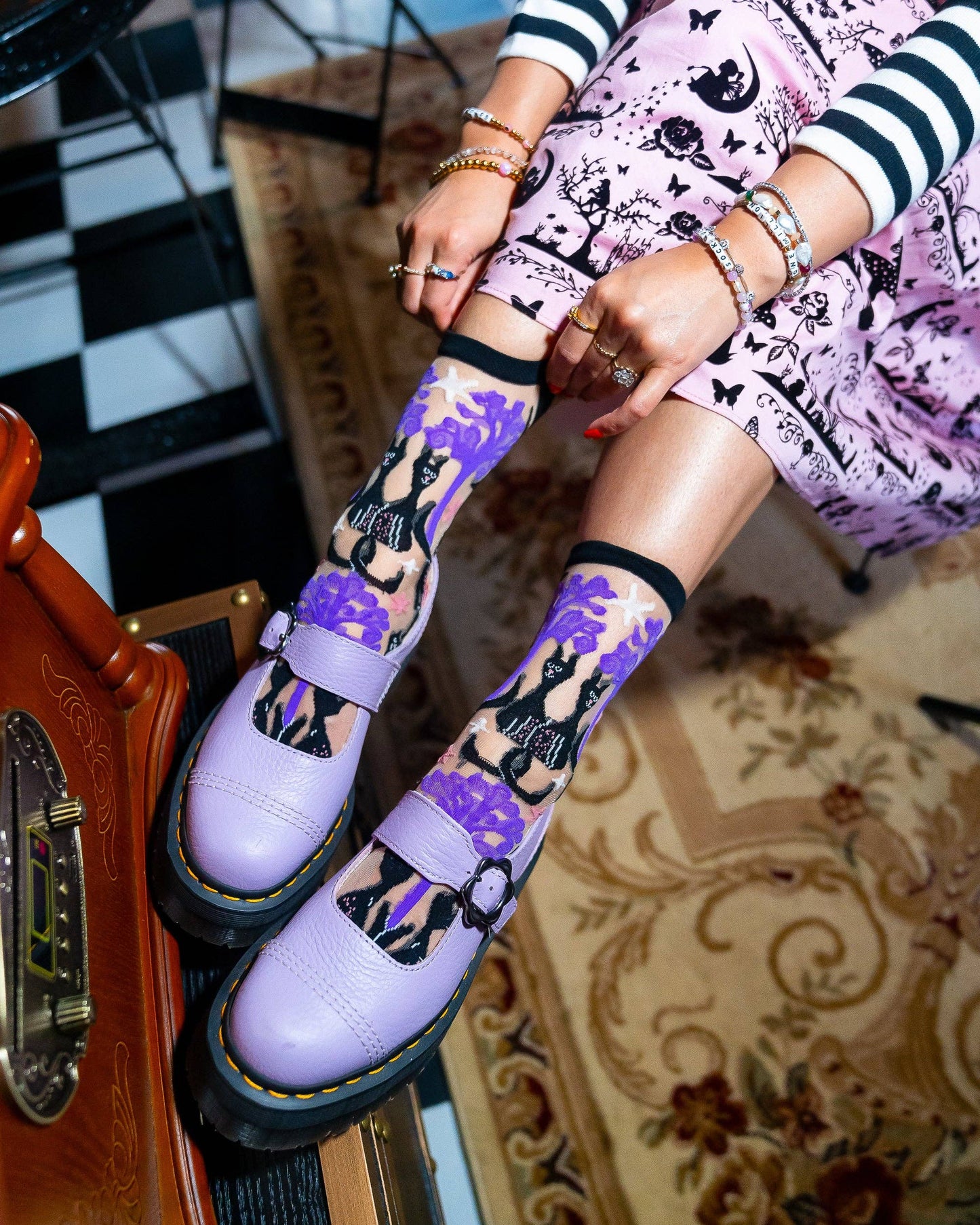 Sock Candy Nocturnal Halloween Cats Sheer Crew Sock - Halloween Fashion