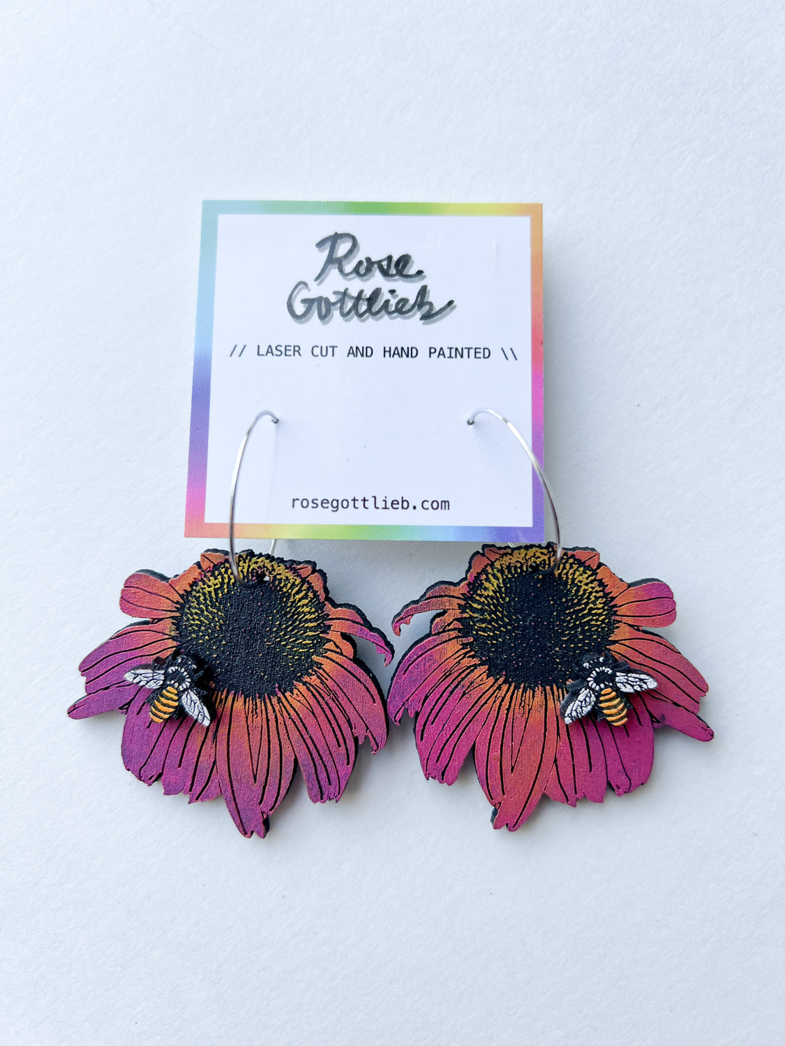 Rose Gottlieb Earrings - Pink sunflower with bee hoops, large