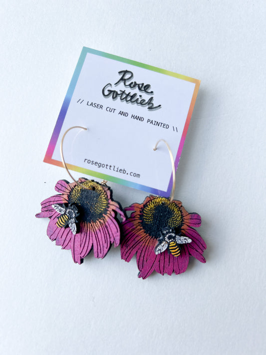 Rose Gottlieb Earrings - Pink sunflower with bee hoops, small