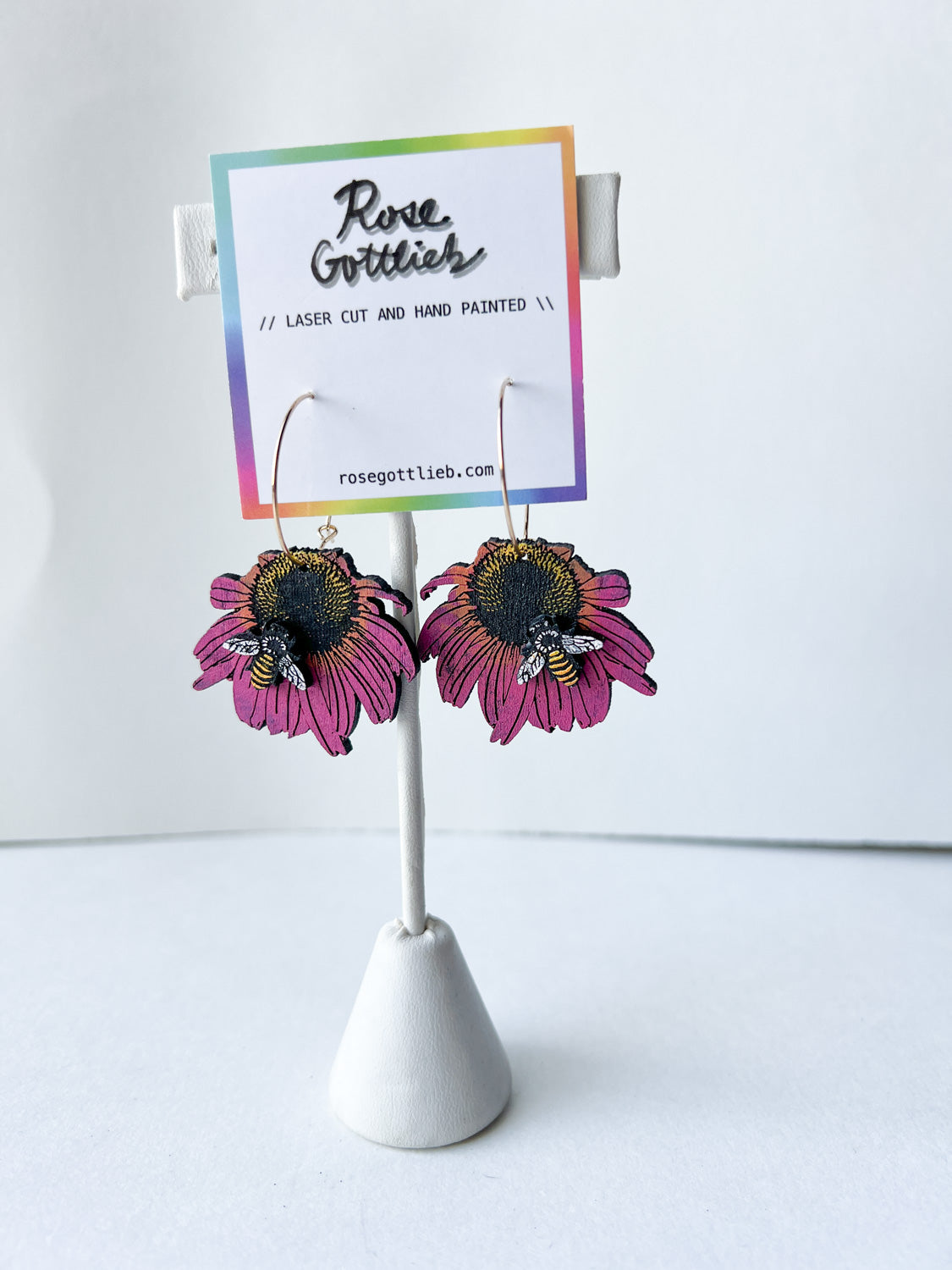 Rose Gottlieb Earrings - Pink sunflower with bee hoops, small