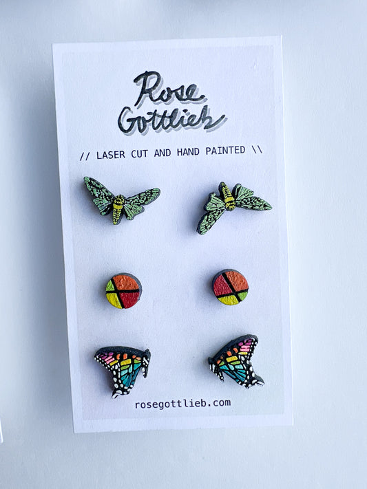Rose Gottlieb Earrings - stud set - moths, circles, swallowtails