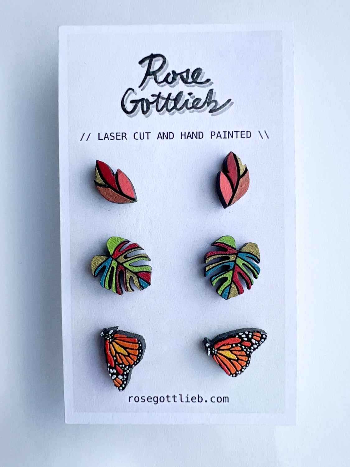 Rose Gottlieb Earrings - stud set - feather, monstera, monarch