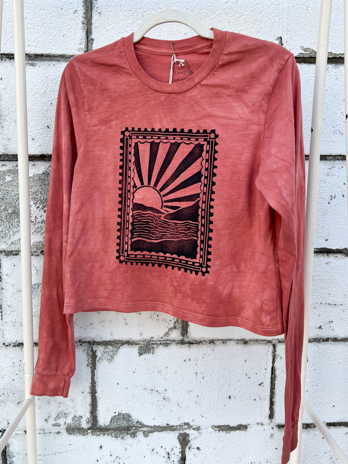 May and Mary Organic Cotton Long Sleeve Crop Tee - Rust Stamp