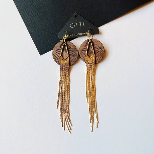 Otti 18K Gold Glamour Fringe earring: WALNUT real wood detail